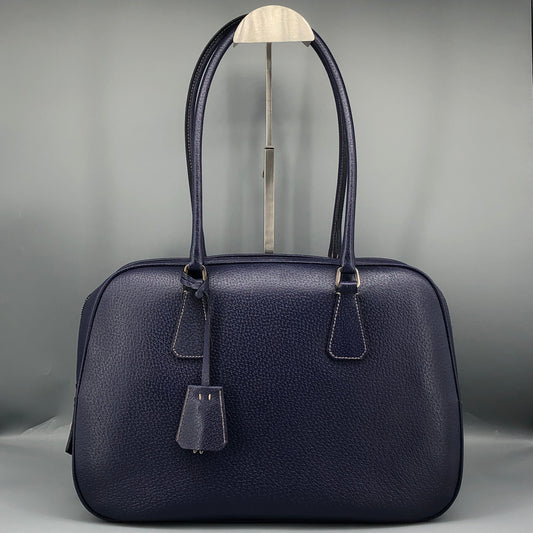 Prada Bauletto Medium Pebbled Leather Handbag Ink Blue