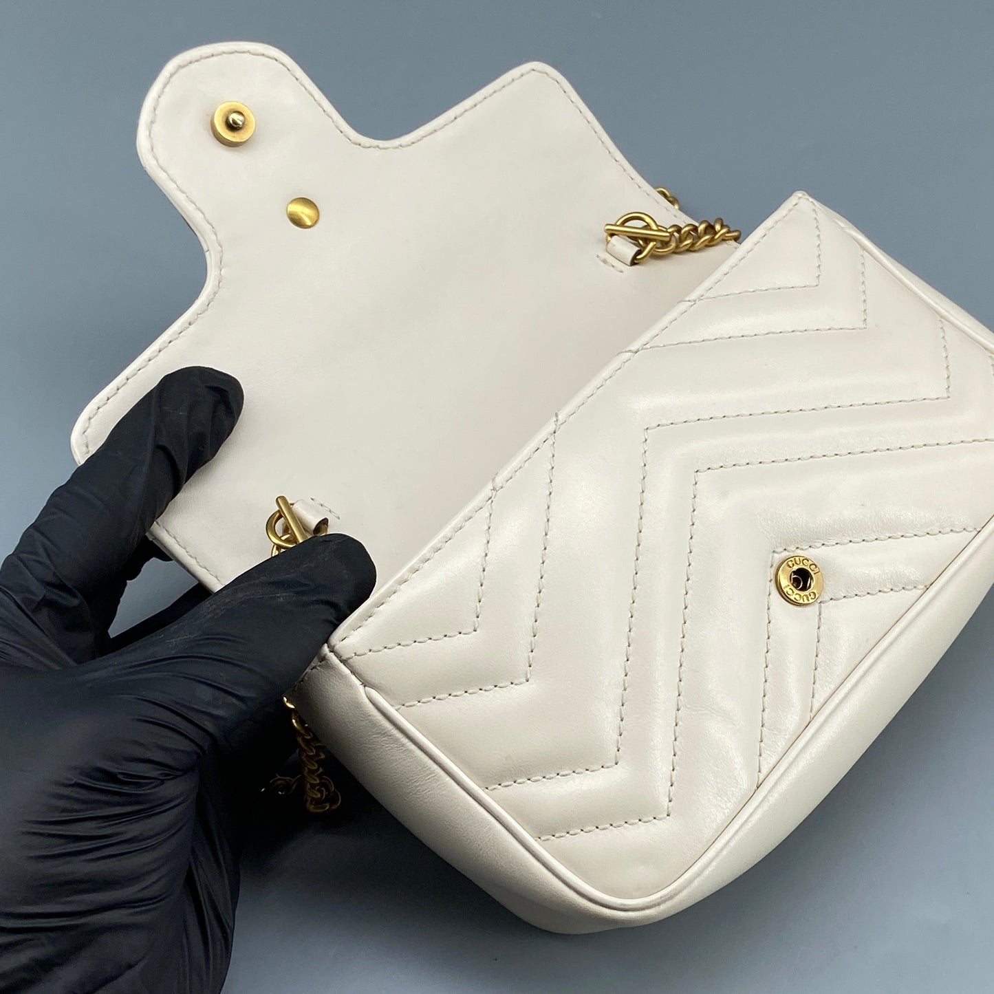 Gucci Cream GG Supreme Chevron Quilted Leather Marmont Mini Flap Chain Bag