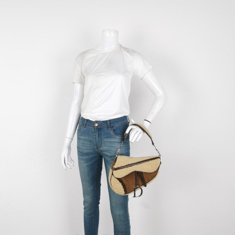 Dior Saddle Shoulder Bag Shearling Brown and While