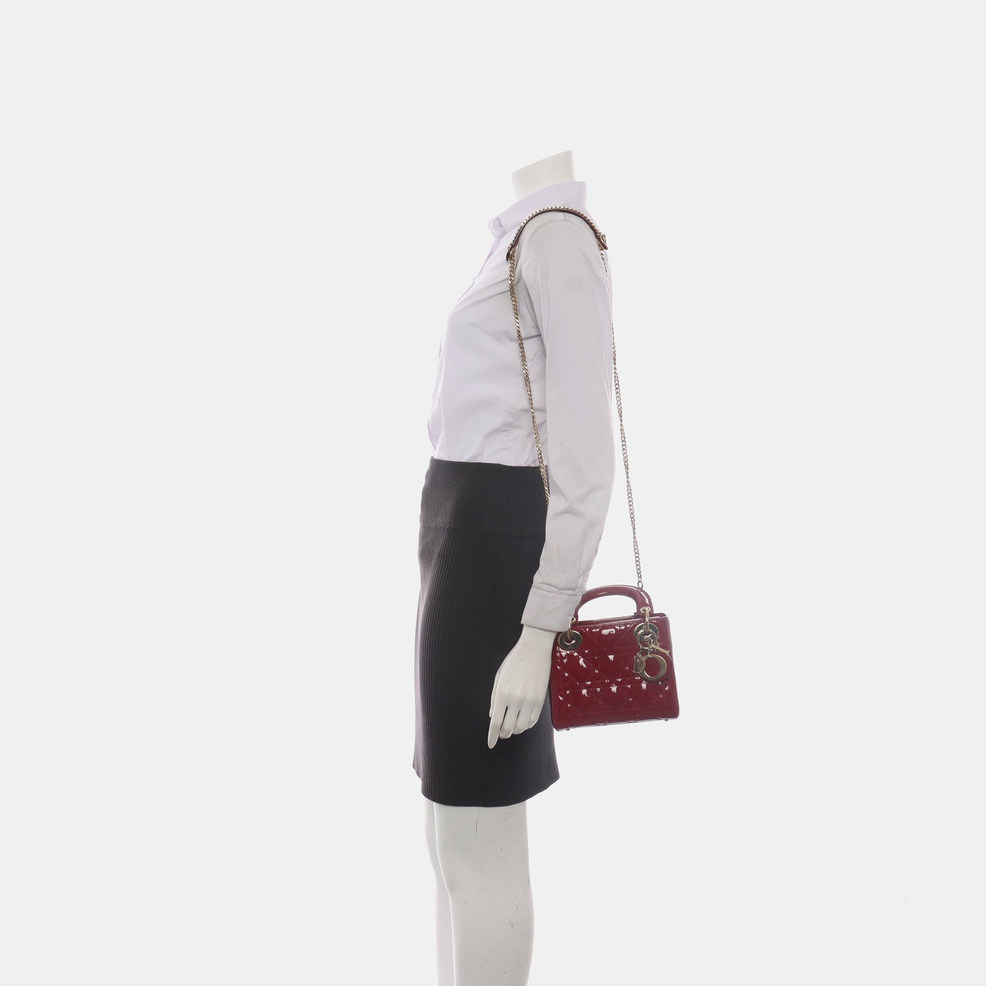 Lady Dior Mini Handbag Burgundy Red Patent Leather Gold-tone Chain Strap