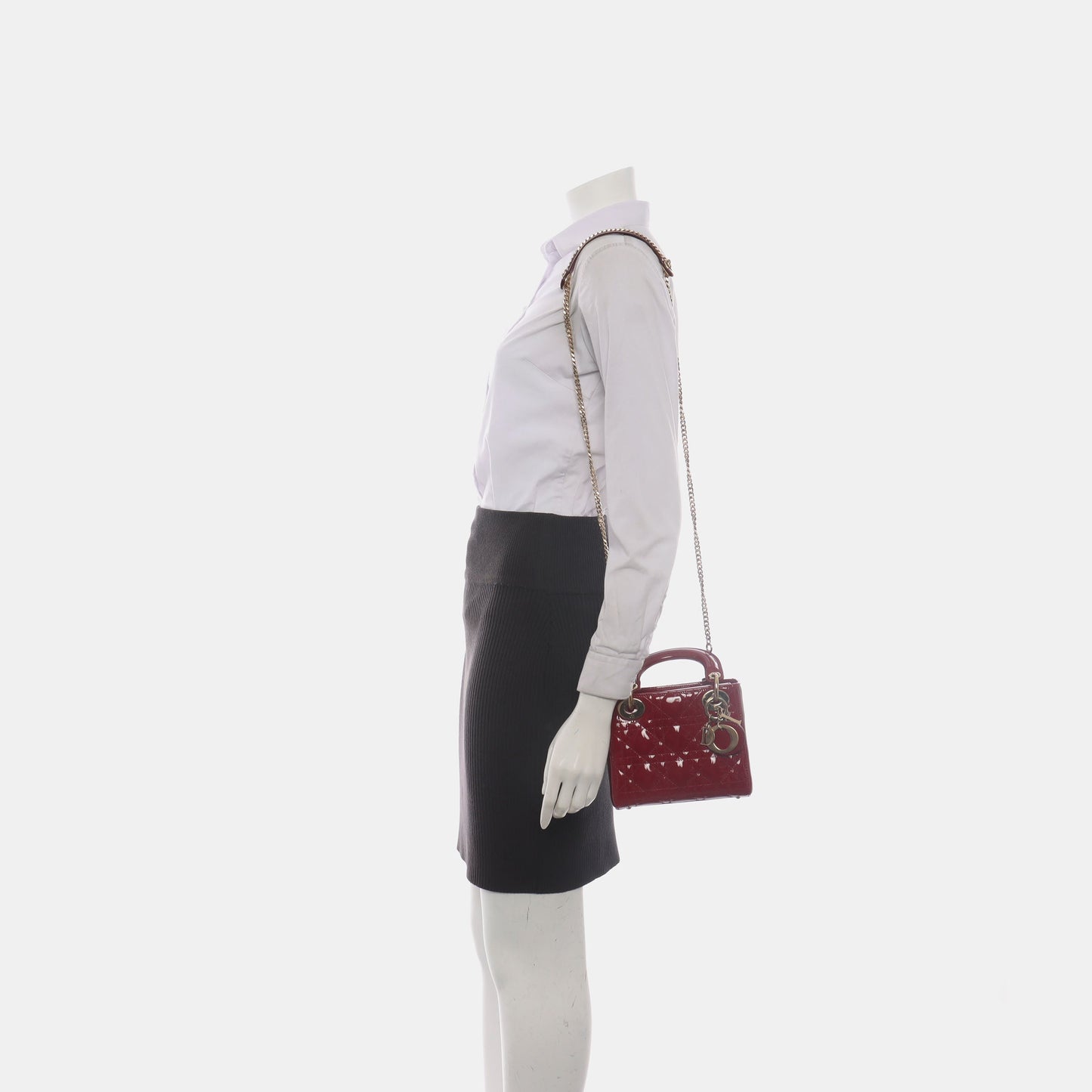 Lady Dior Mini Handbag Burgundy Red Patent Leather Gold-tone Chain Strap