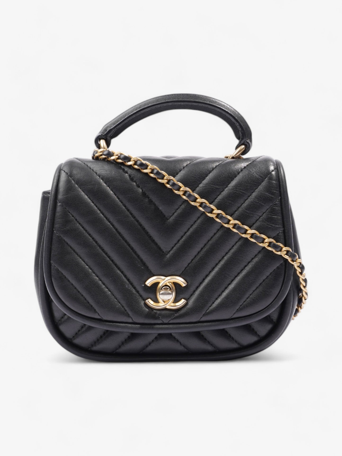 Chanel Reverse Chevron Round Top Handle Black Leather