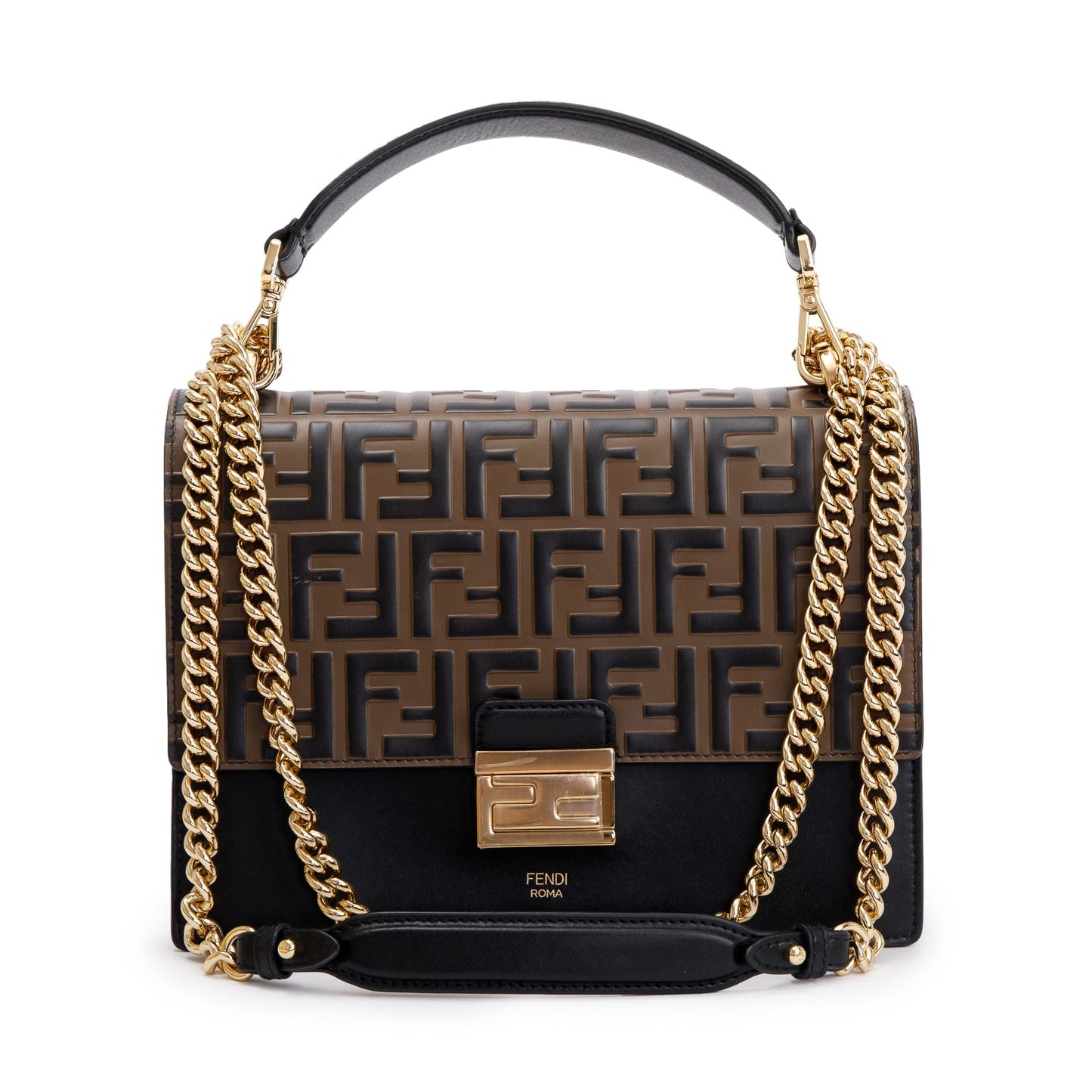 Fendi 2022 FF Embossed & Black Calfskin Leather Kan I Shoulder Bag