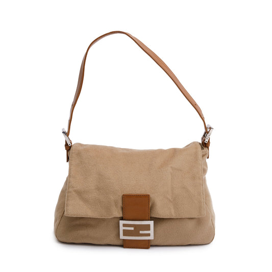 Fendi Beige Wool Tan Leather Trim Mama Forever Baguette Shoulder Bag