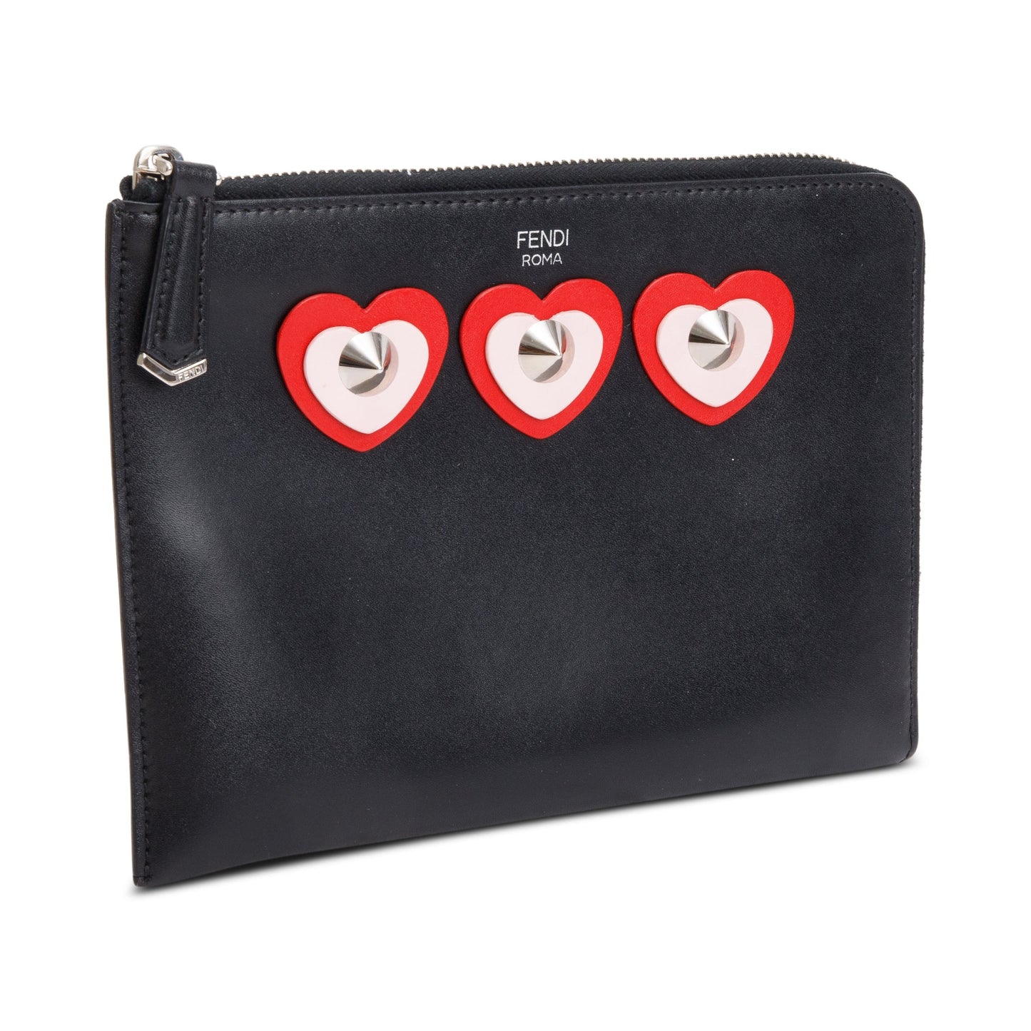 Fendi Black Calfskin Leather Studded Heart Zip Around Clutch