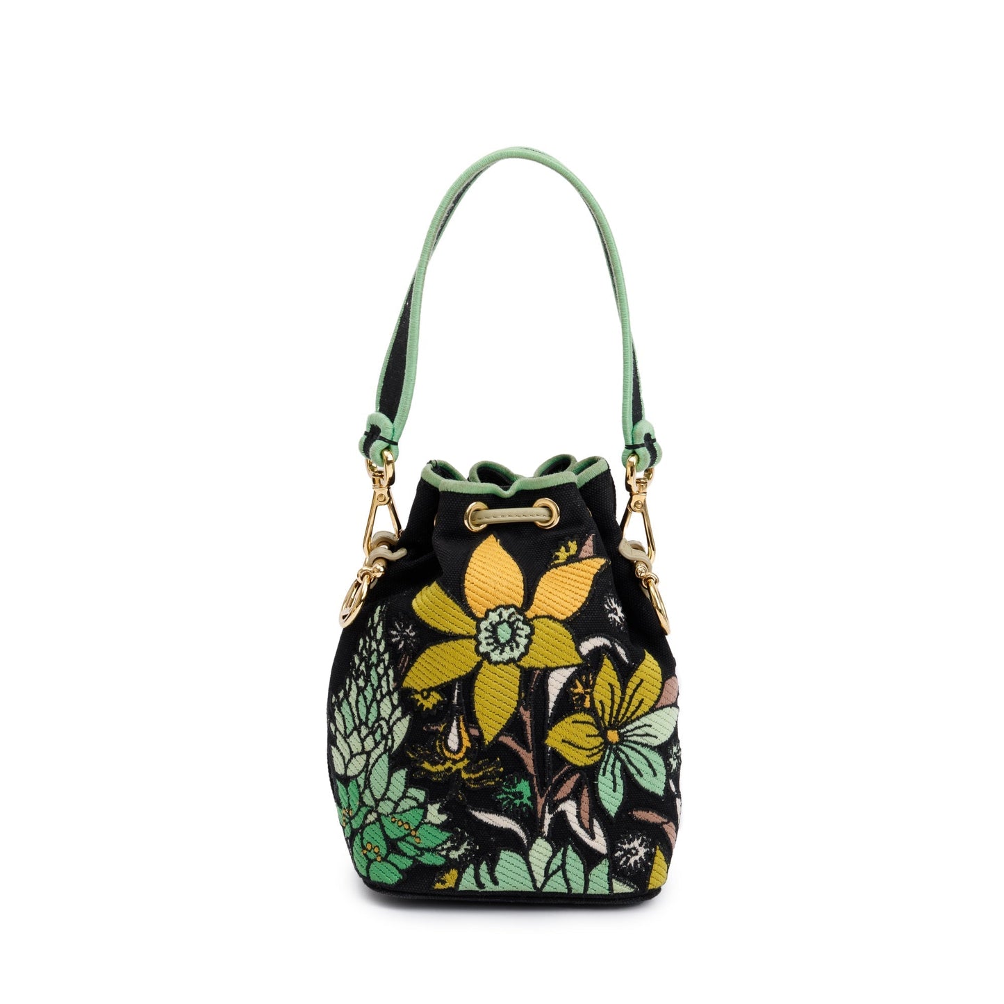 Fendi Black/Green Floral Embroidered Canvas Psychedelic Mini Mon Tresor Bucket Bag