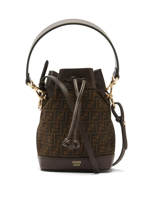 FENDI FF MINI SUEDE AND LEATHER MON TR SOR BUCKET BAG