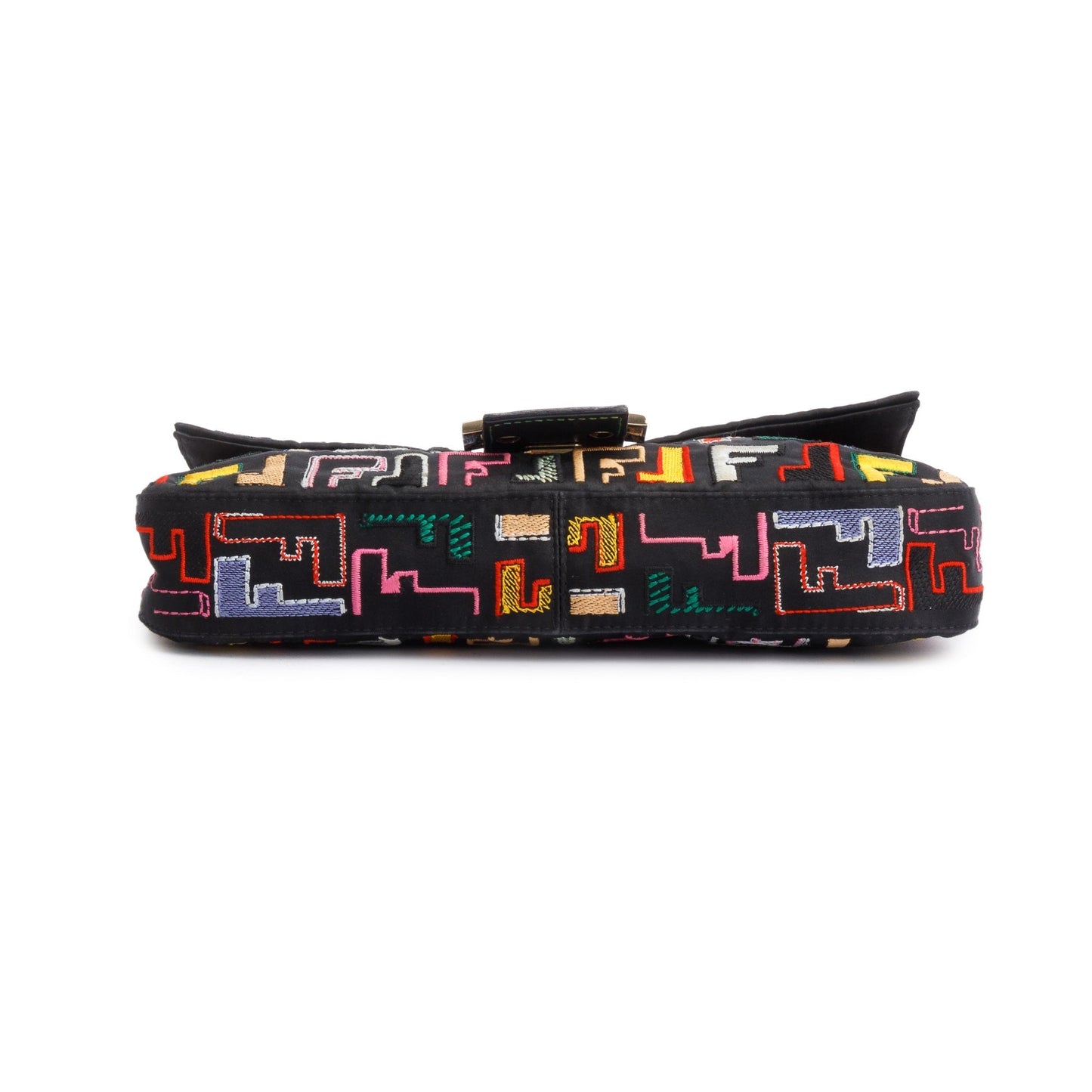 Fendi Multicolor Embroidered FF Zucca Satin Black Leather Trim Baguette Bag