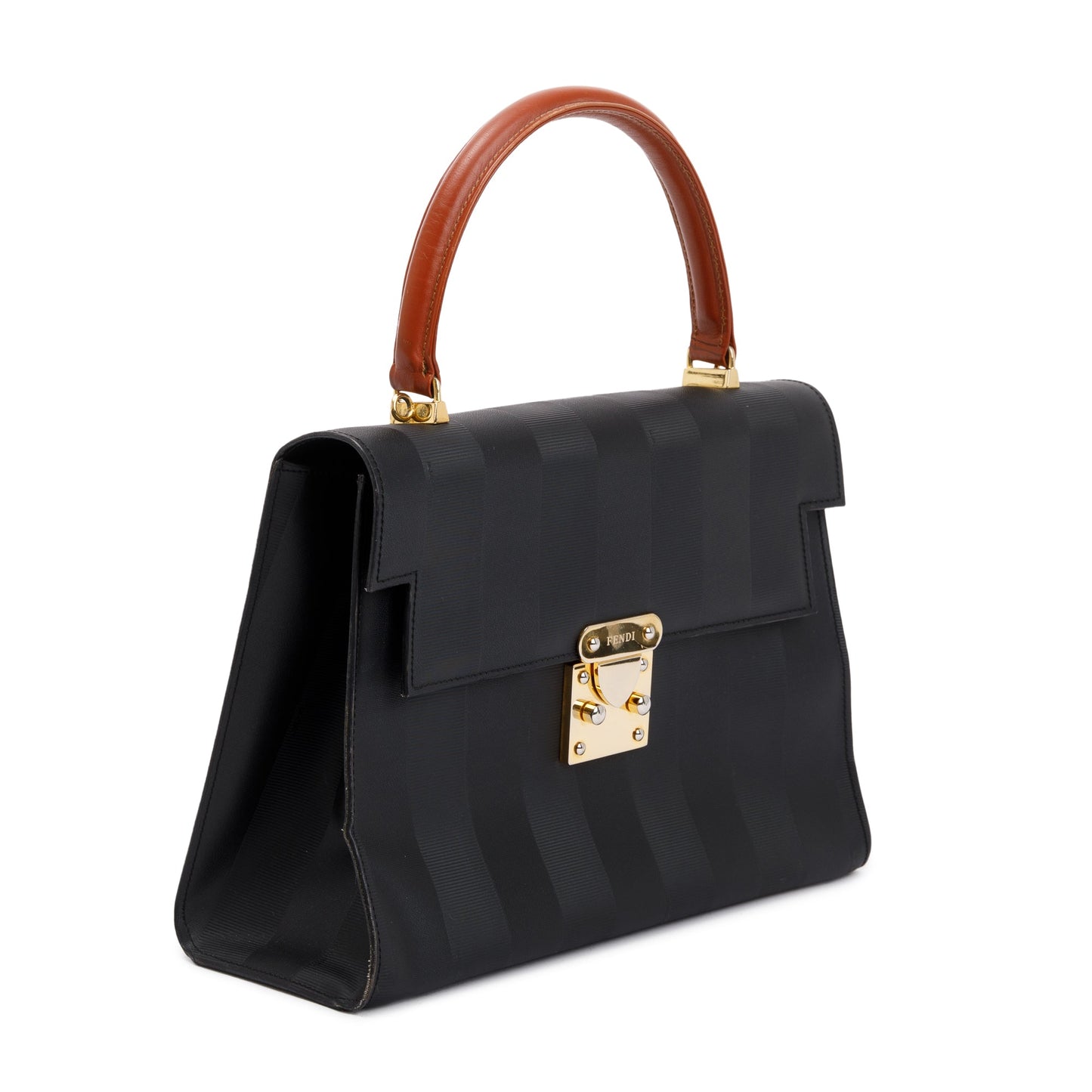 Fendi Navy Pequin Stripe Brown Leather Trimmed Handle Bag with Strap