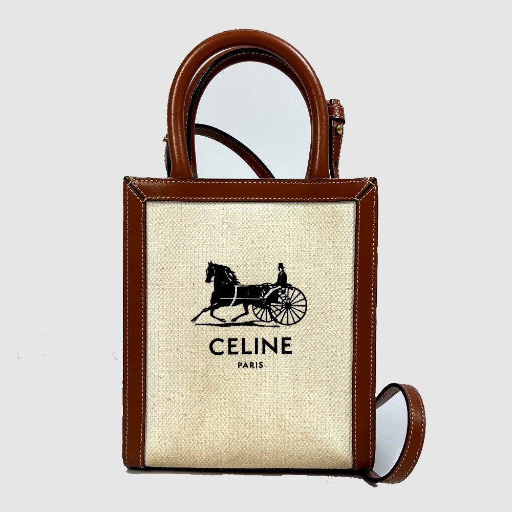 CELINE Shoulder Bag . Canvas / leather beige Carriage Vertical hippo mini Women Secondhand