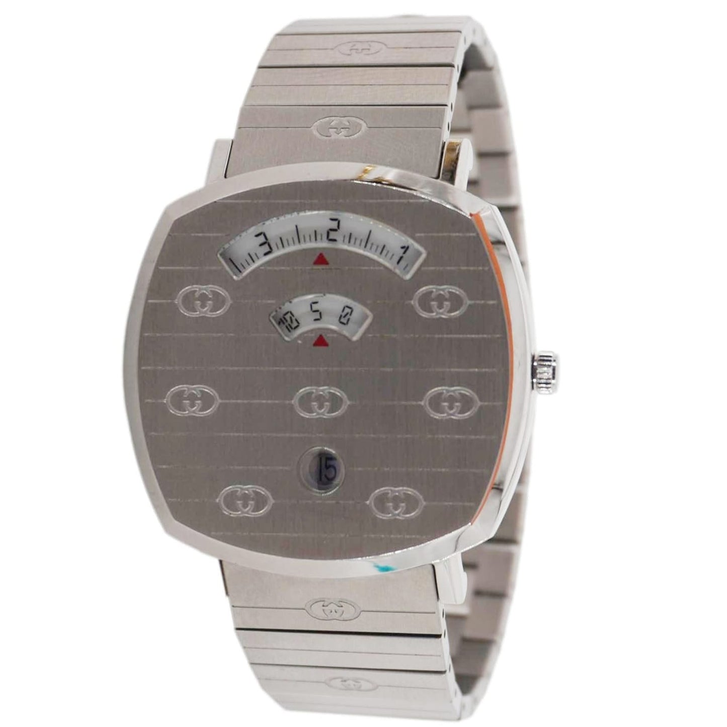 GUCCI Grip 1573 GG Engraved Quartz Silver Dial Stainless Steel Watch 35MM