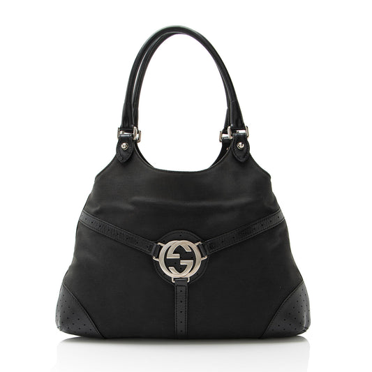 Gucci Canvas Perforated Leather Interlocking G Reins Satchel