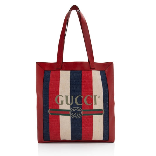 Gucci Canvas Sylvie Striped Logo Tote (SHF-S666dF)
