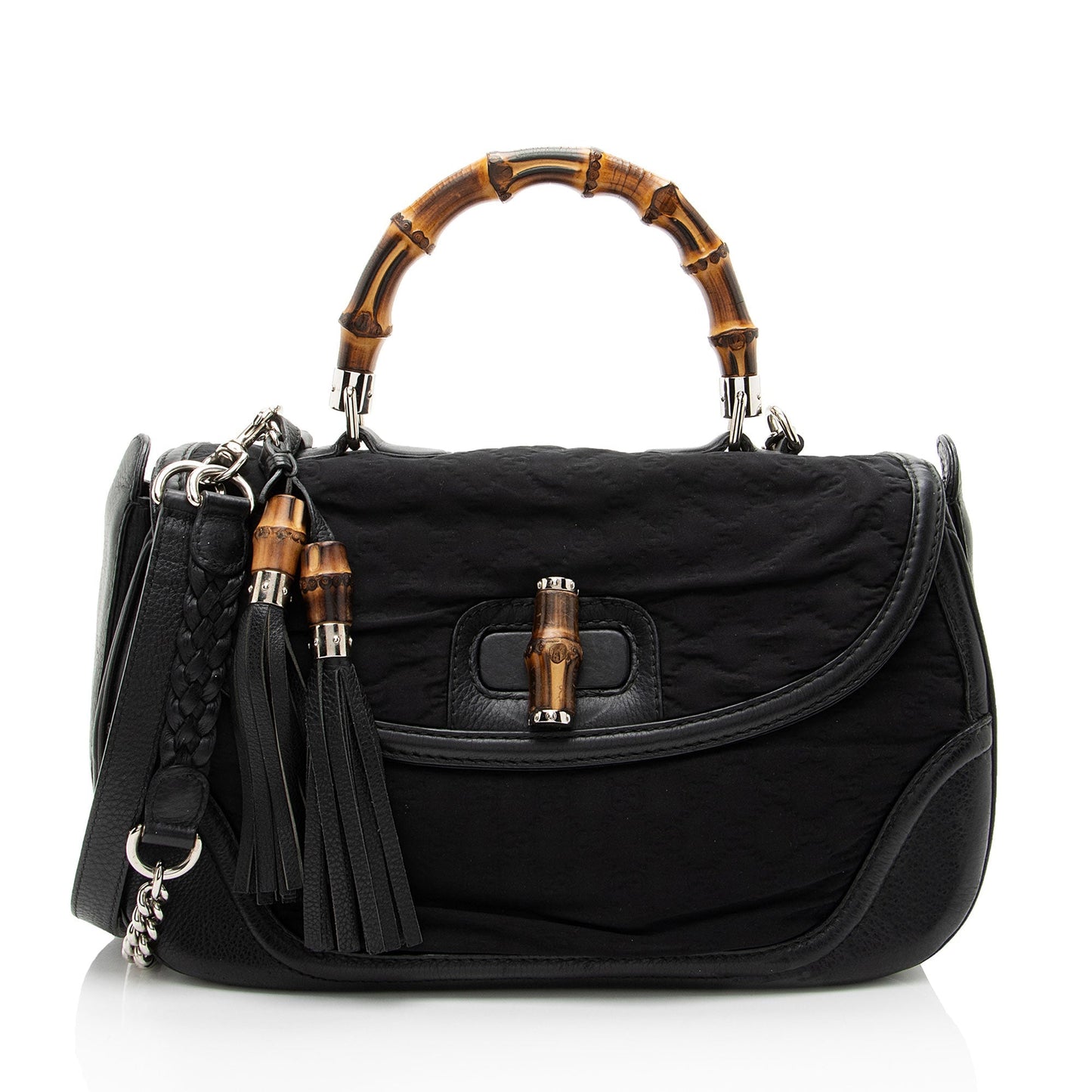 Gucci GG Embossed Neoprene Leather Bamboo Tassel Large Top Handle
