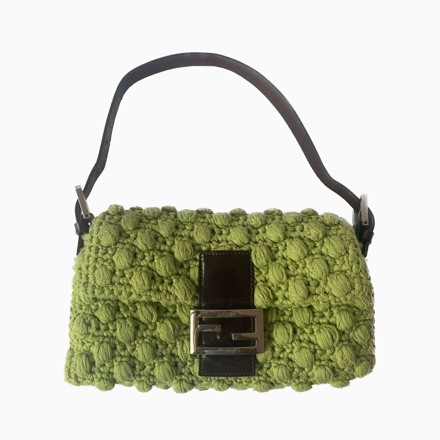 Fendi Baguette Bag Green Wool Pompom Shoulder Bag