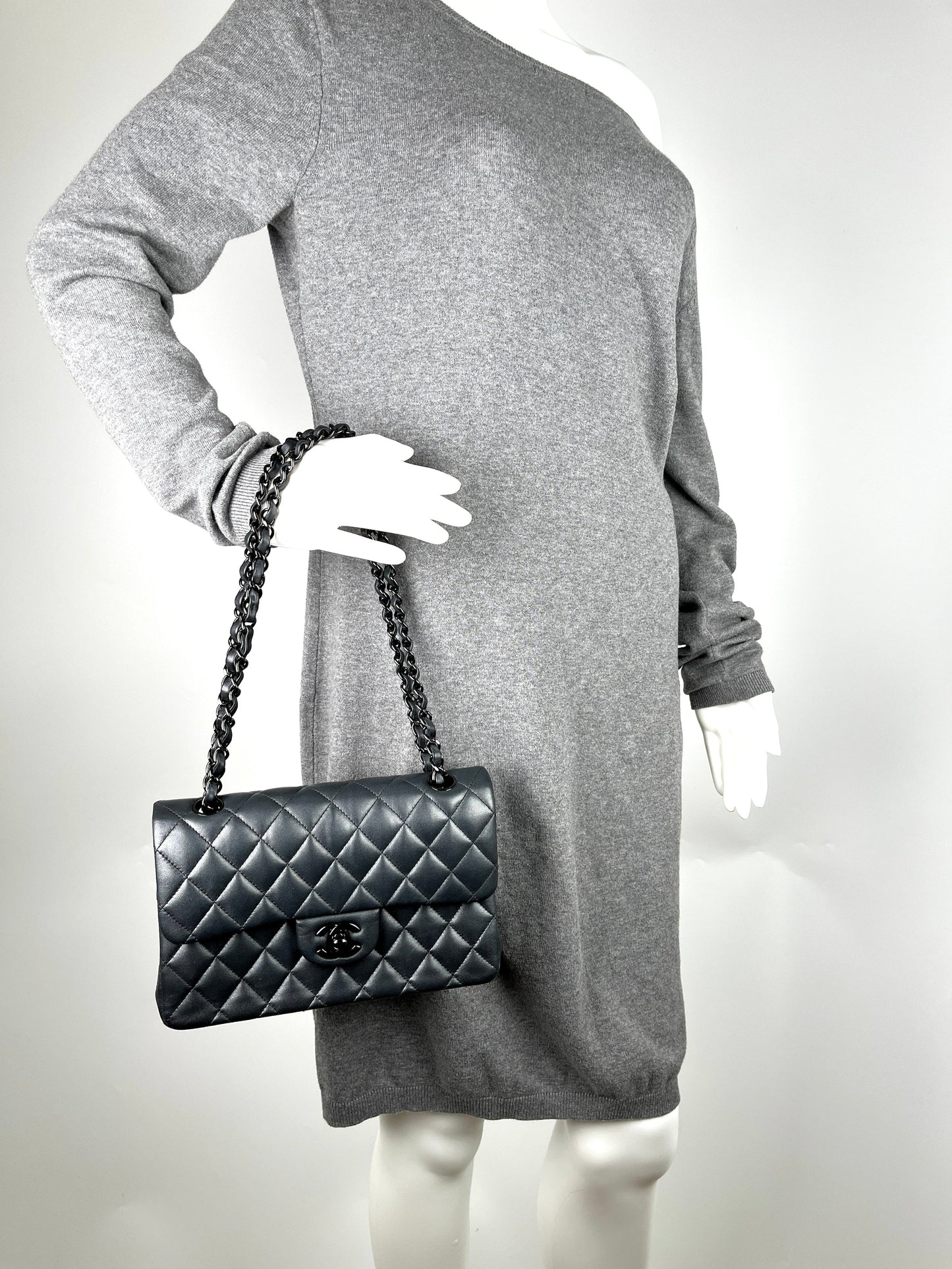 Chanel Charcoal So Black Lambskin Small Shoulder Bag - Rovelle Bags