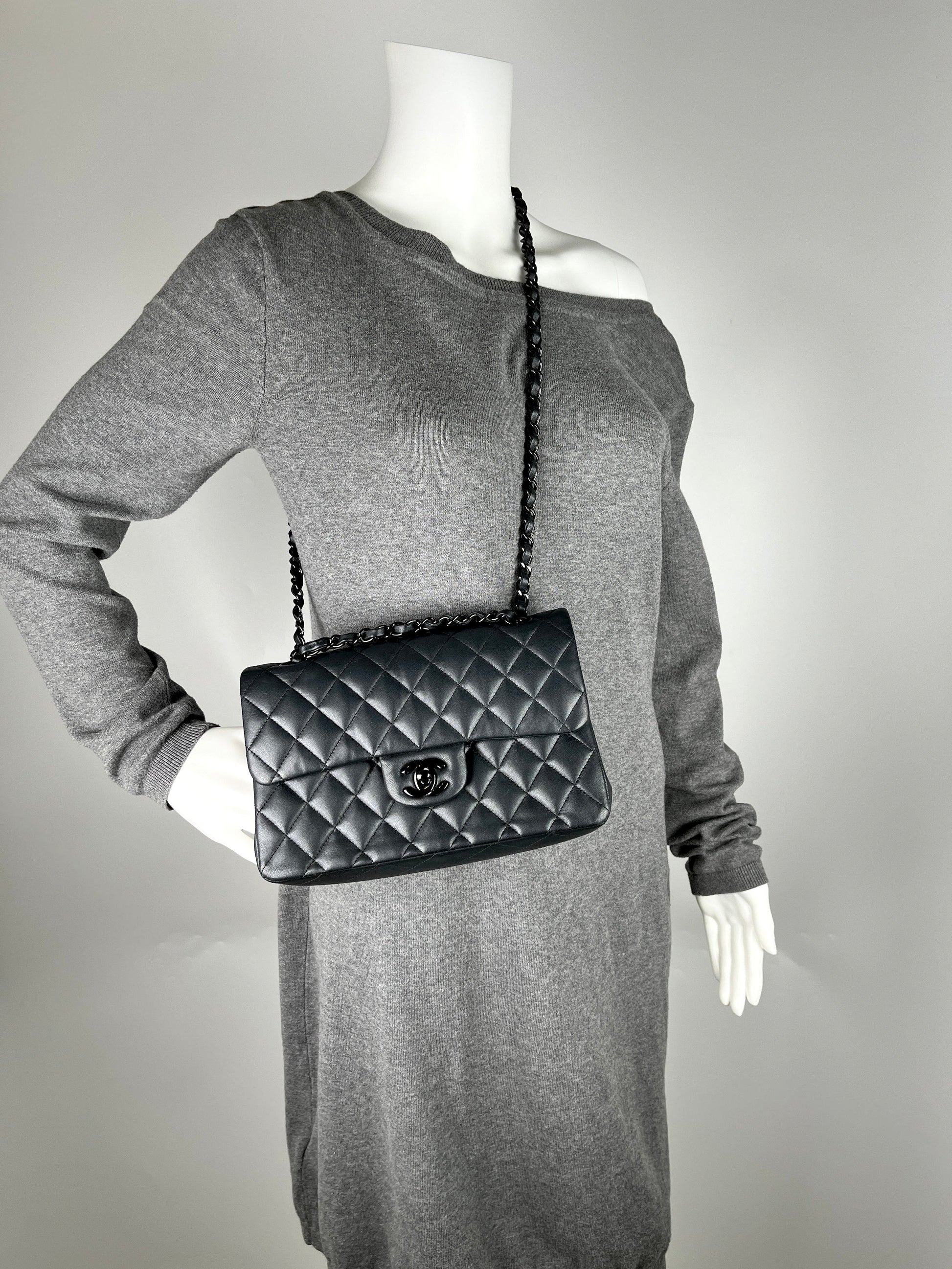 Chanel Charcoal So Black Lambskin Small Shoulder Bag - Rovelle Bags