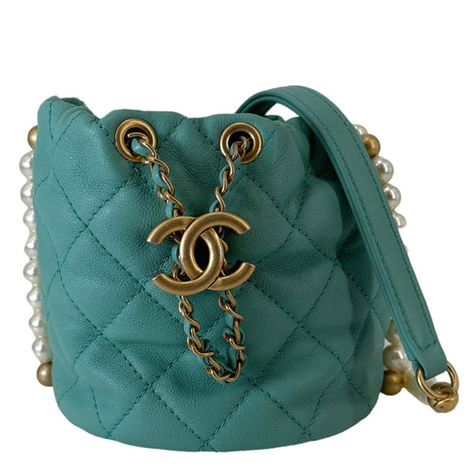 CHANEL About Pearls Quilted Calfskin Leather Drawstring Bucket Bag Teal
