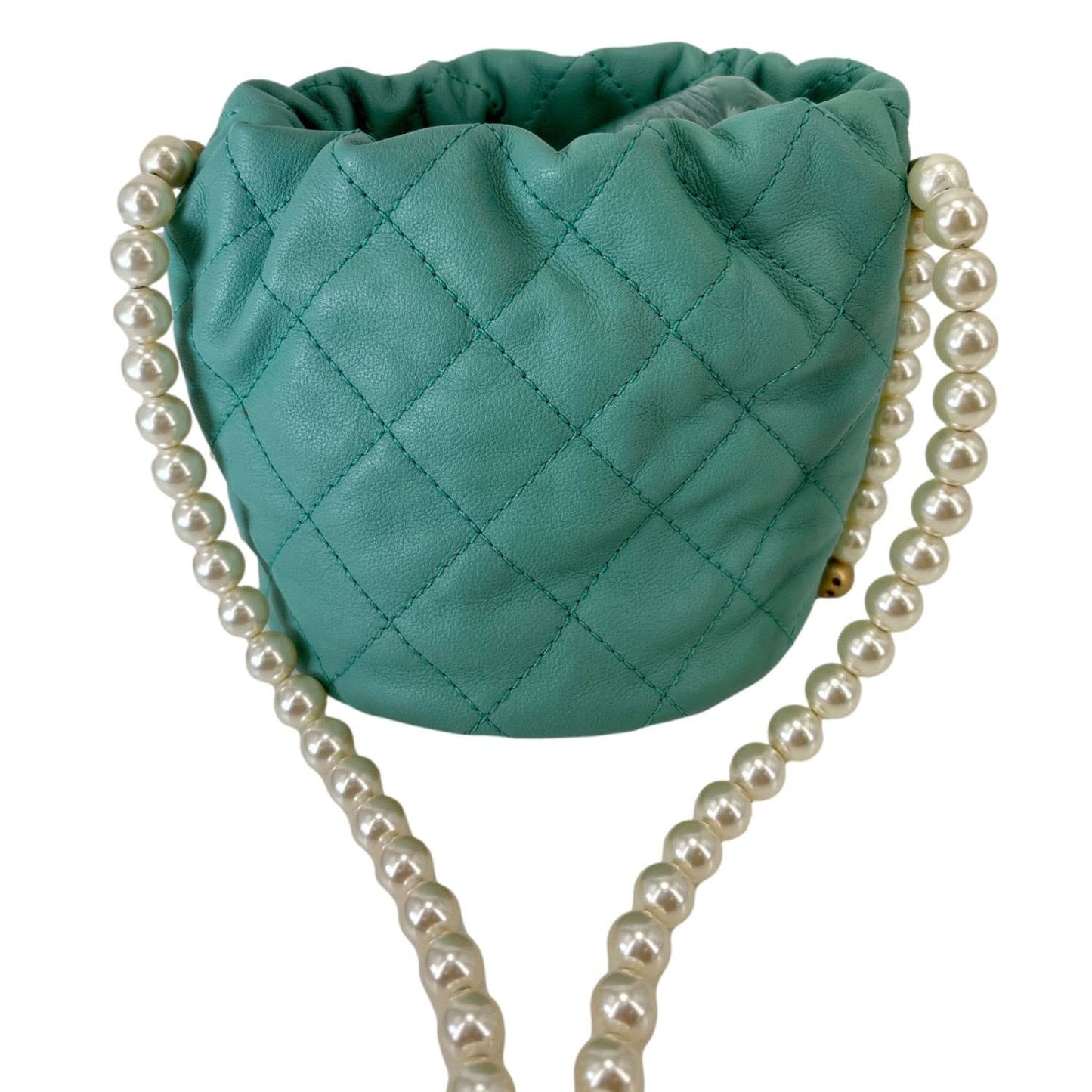 CHANEL About Pearls Quilted Calfskin Leather Drawstring Bucket Bag Teal