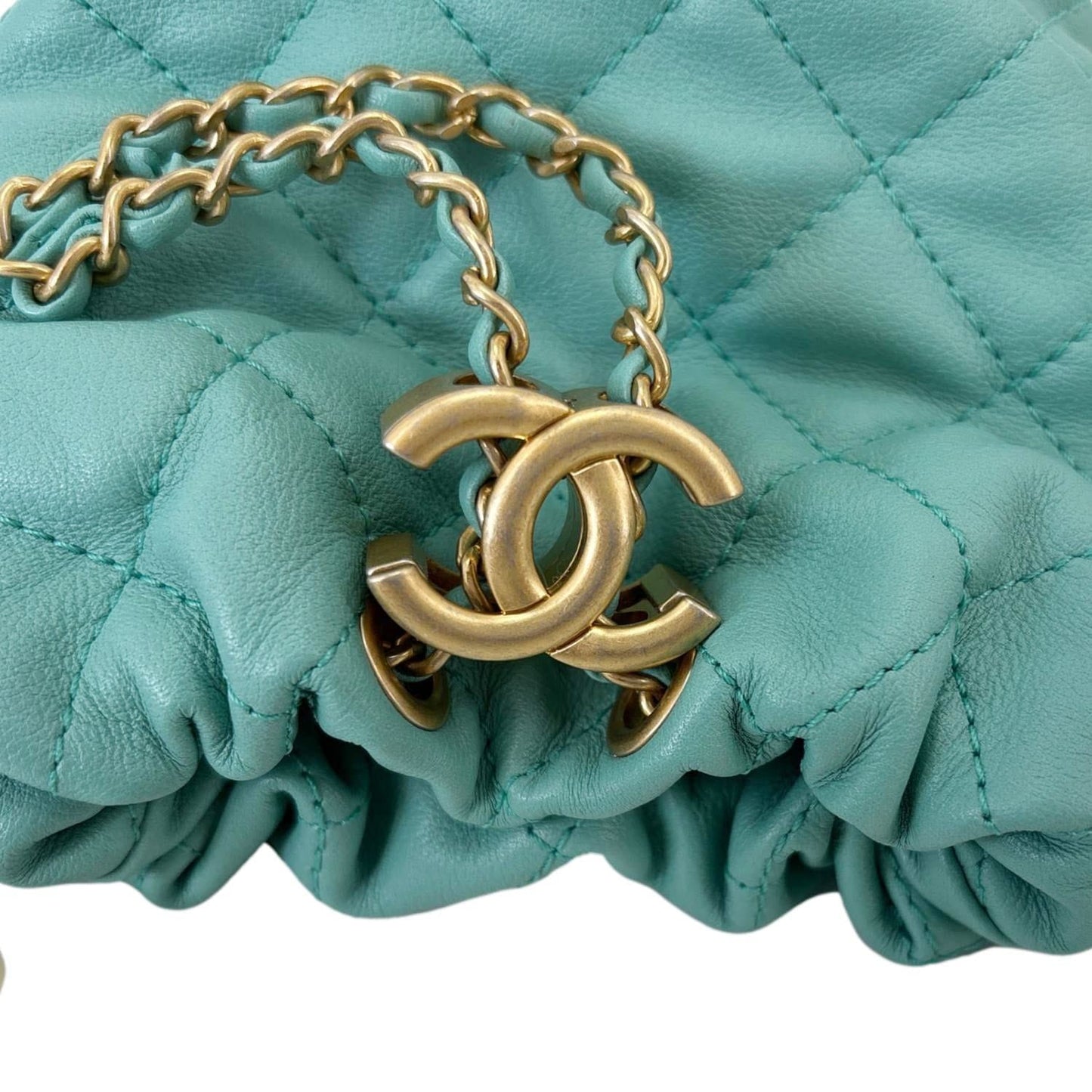 CHANEL About Pearls Quilted Calfskin Leather Drawstring Bucket Bag Teal