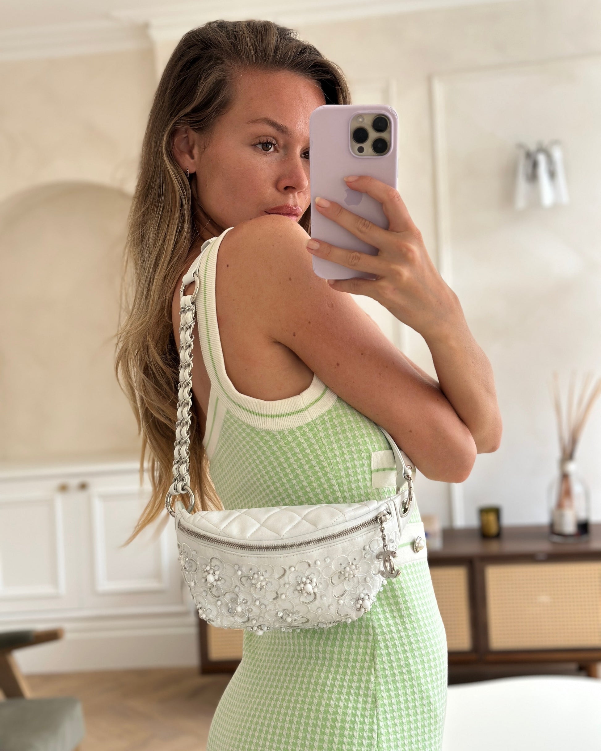 Chanel White Lambskin Leather Bum Handbag - Rovelle Bags