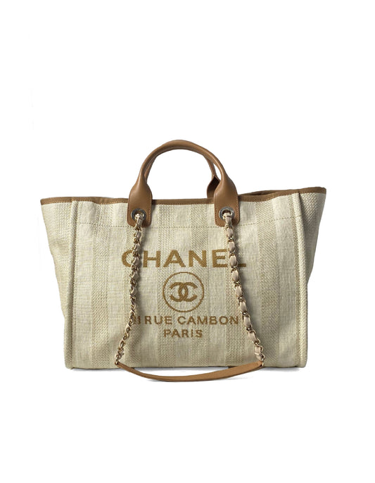 Chanel 2020 Beige Mixed Fibers Striped Tote Bag - Rovelle Bags