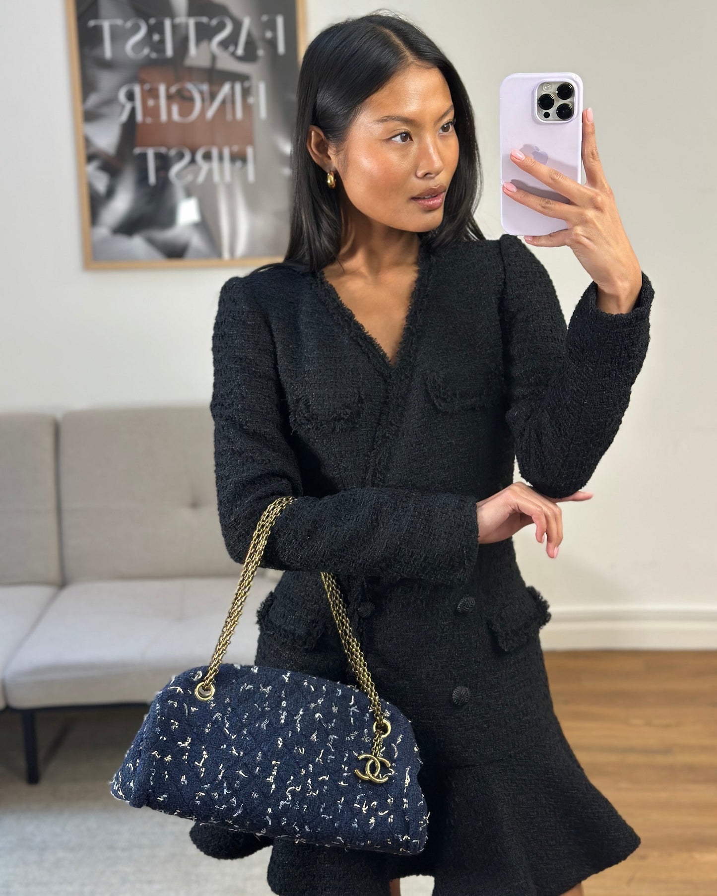 Chanel Navy Blue & White Tweed Shoulder Bag - Rovelle Bags