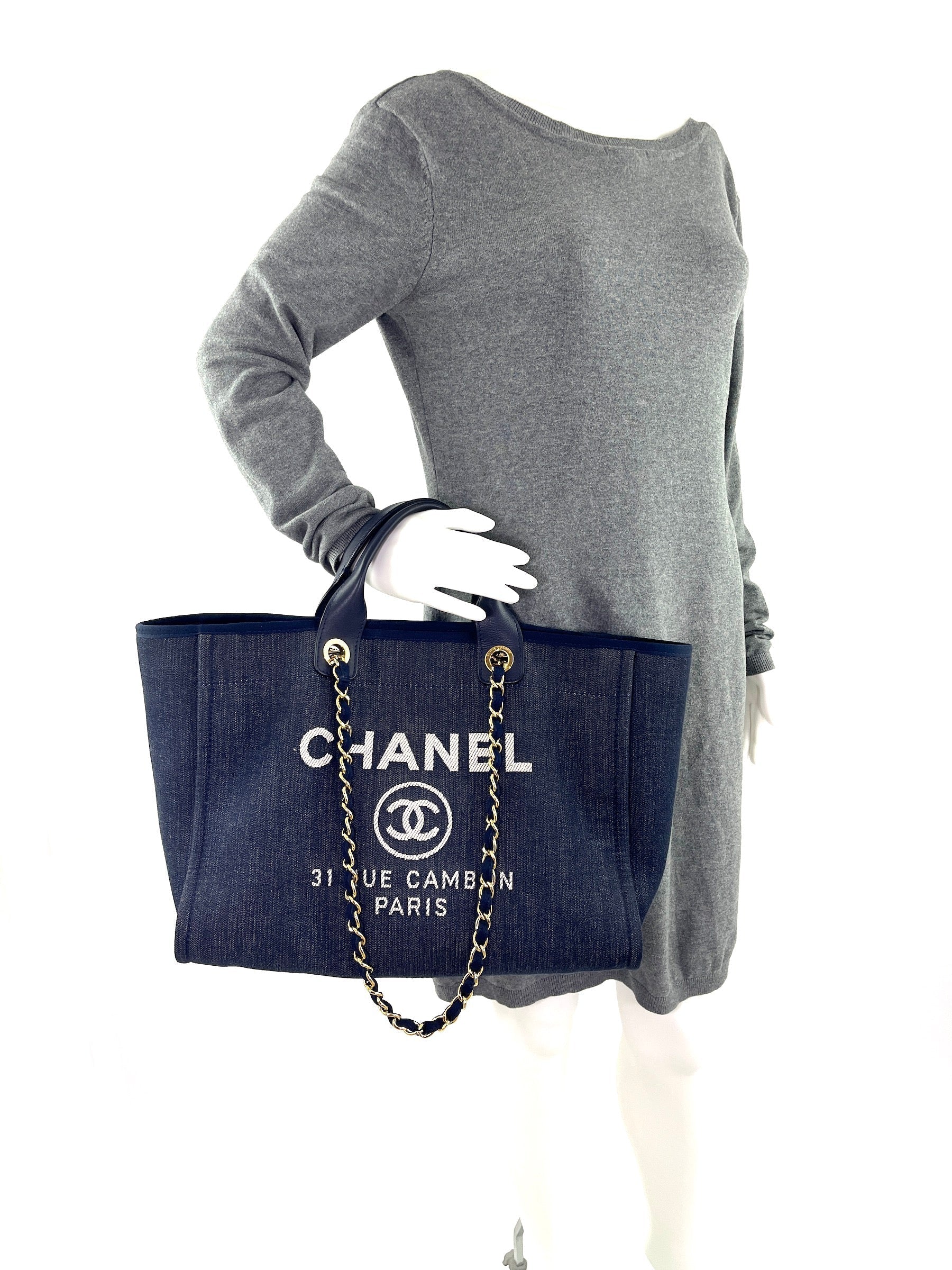Chanel Deauville Medium Navy Shopping Tote Tote Bag - Rovelle Bags
