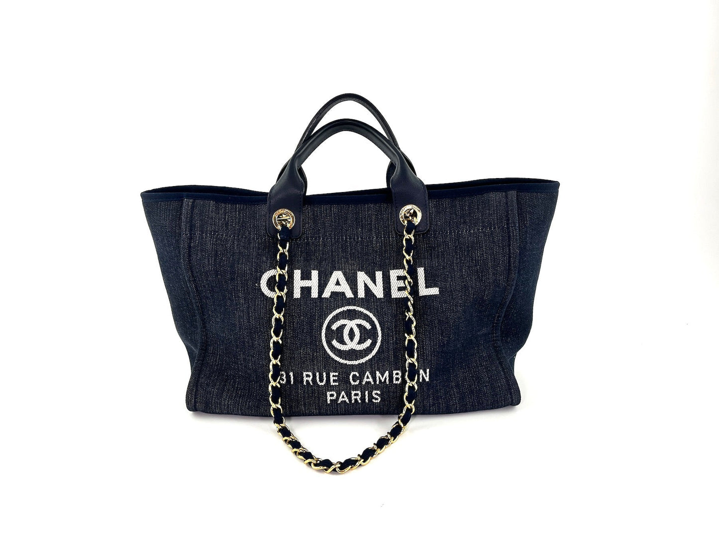 Chanel Deauville Medium Navy Shopping Tote Tote Bag - Rovelle Bags