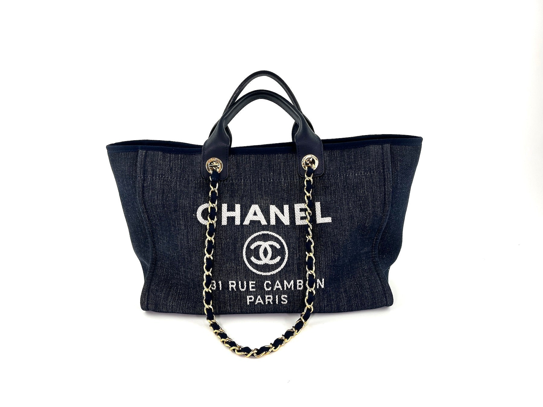 Chanel Deauville Medium Navy Shopping Tote Tote Bag - Rovelle Bags