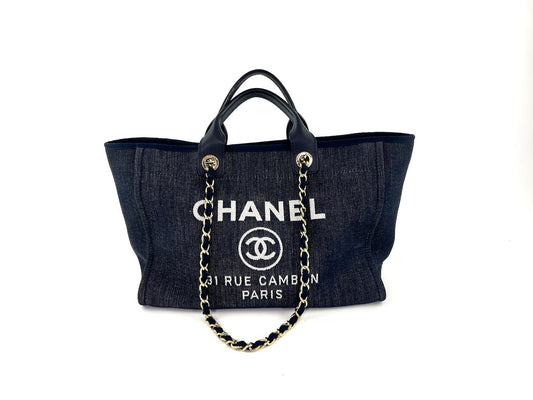 Chanel Deauville Medium Navy Shopping Tote Tote Bag - Rovelle Bags