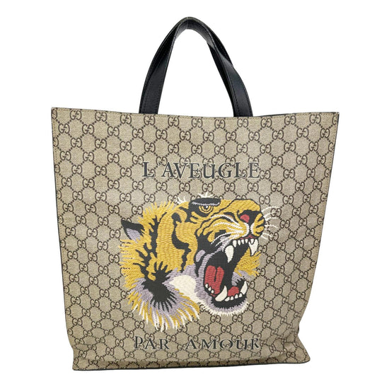 GUCCI L’Aveugle Par Amour Tiger Print GG Supreme Canvas Vertical Tote Bag Beige 450950
