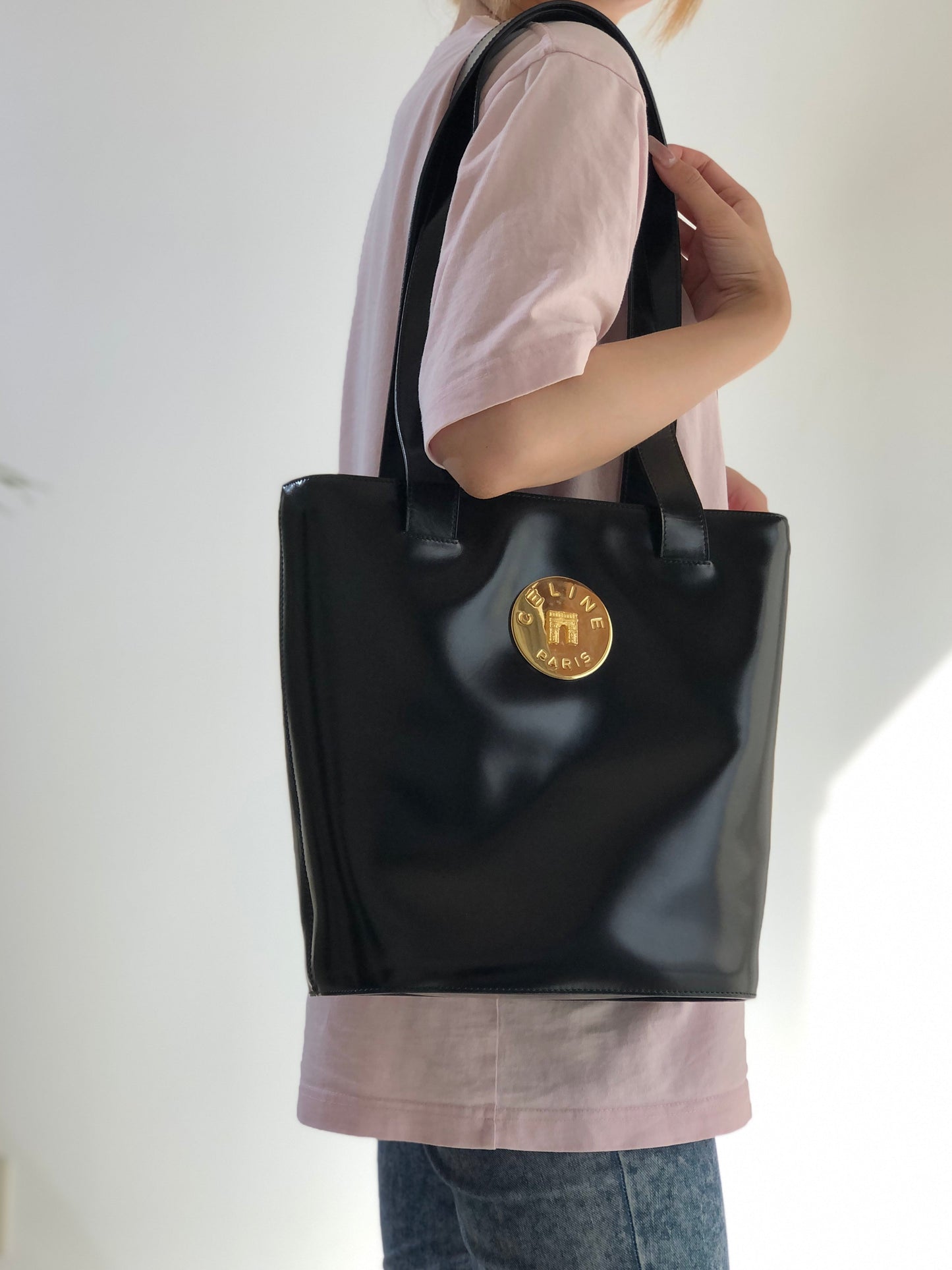 CELINE Arc de Triomphe Plate Leather Tote Bag Black Gold Old Celine