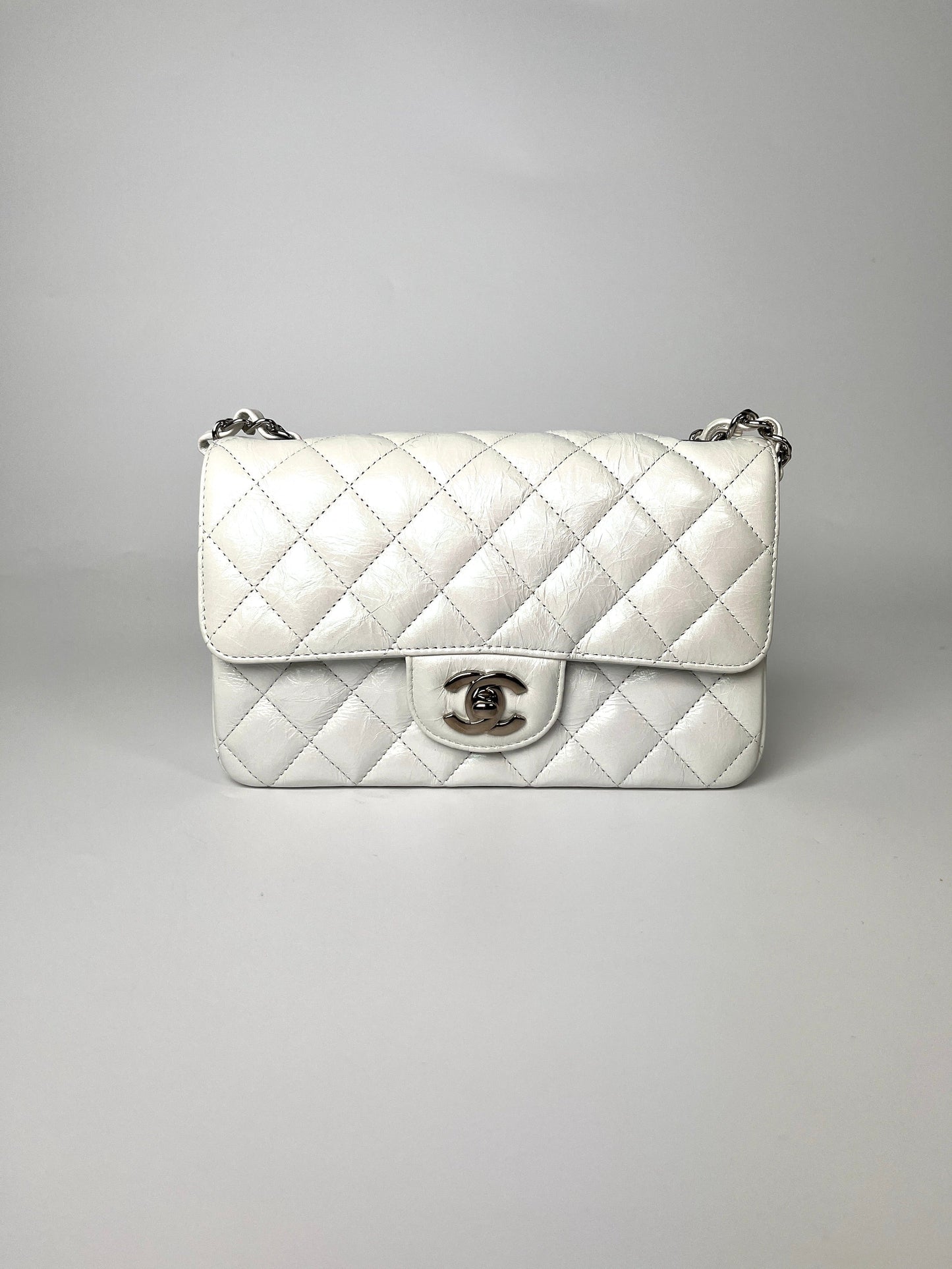 Chanel White 2021 Rectangular Mini Crumpled Flap Bag - Rovelle Bags