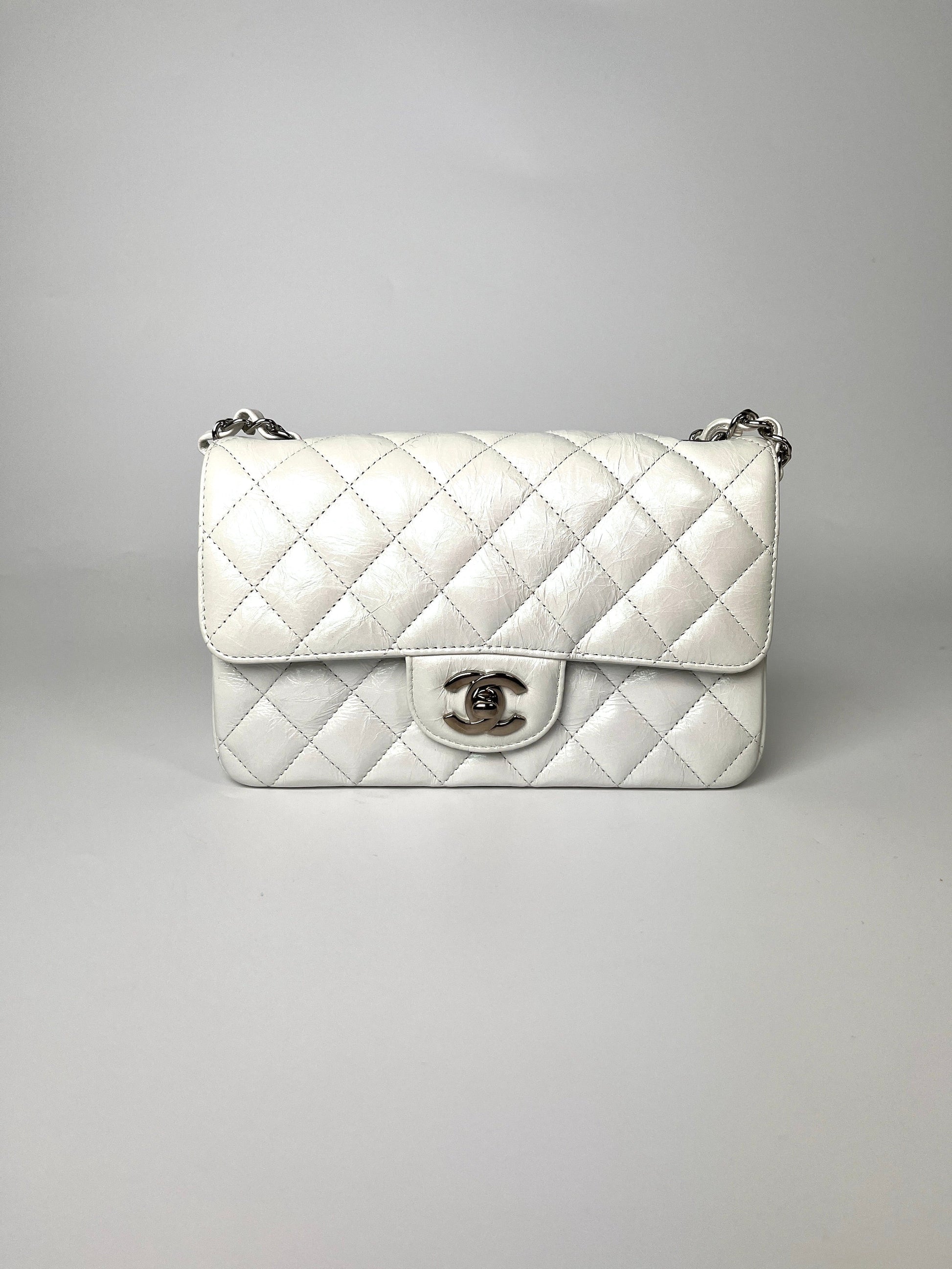 Chanel White 2021 Rectangular Mini Crumpled Flap Bag - Rovelle Bags