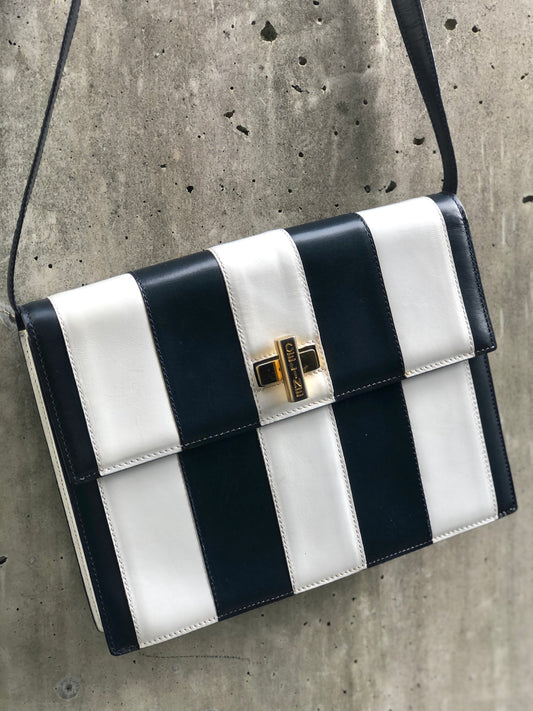 CELINE Cadena Turn lock Leather Crossbody Shoulder Bag Navy White Old CELINE vw6sjn