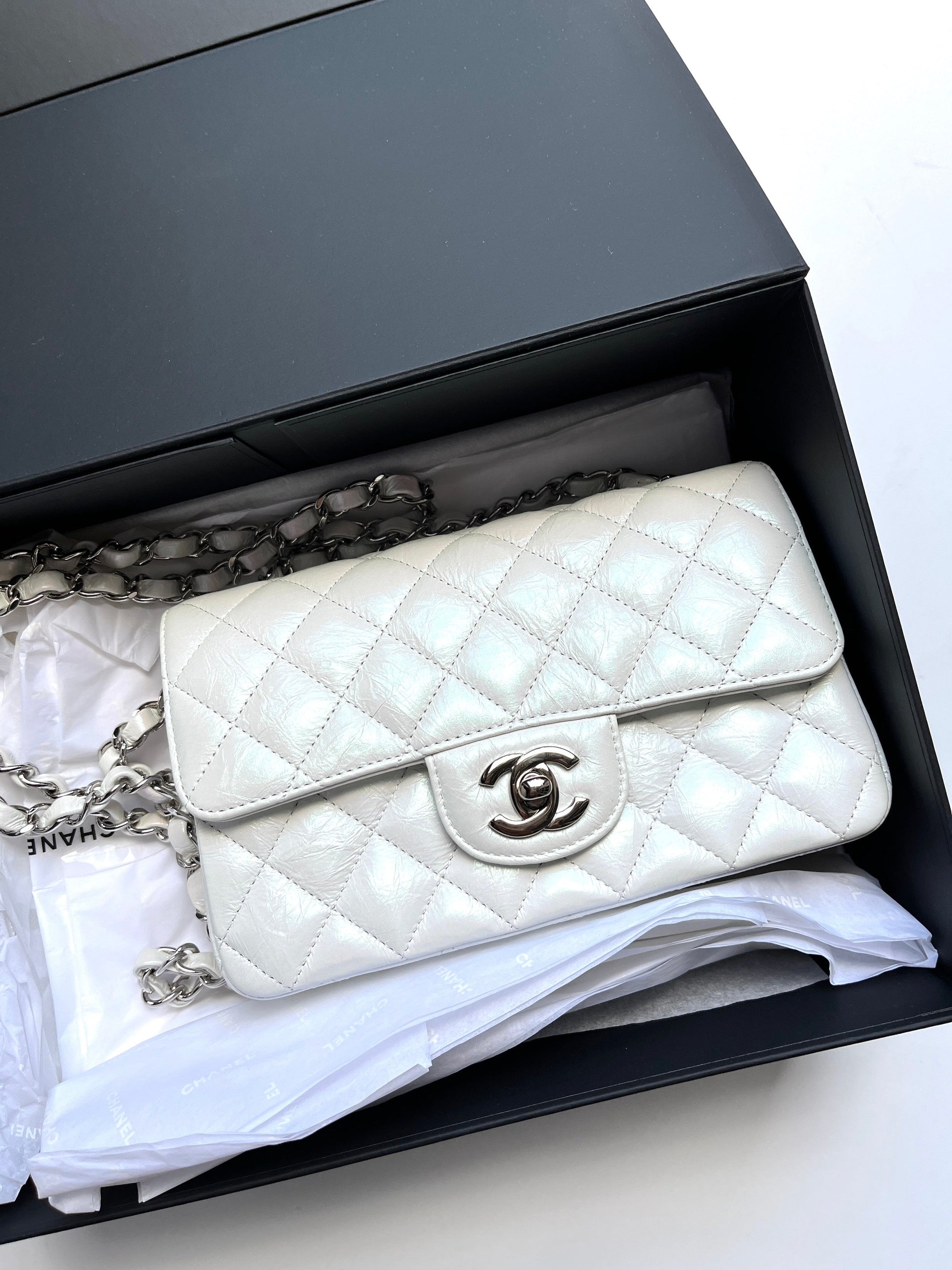 Chanel White 2021 Rectangular Mini Crumpled Flap Bag - Rovelle Bags