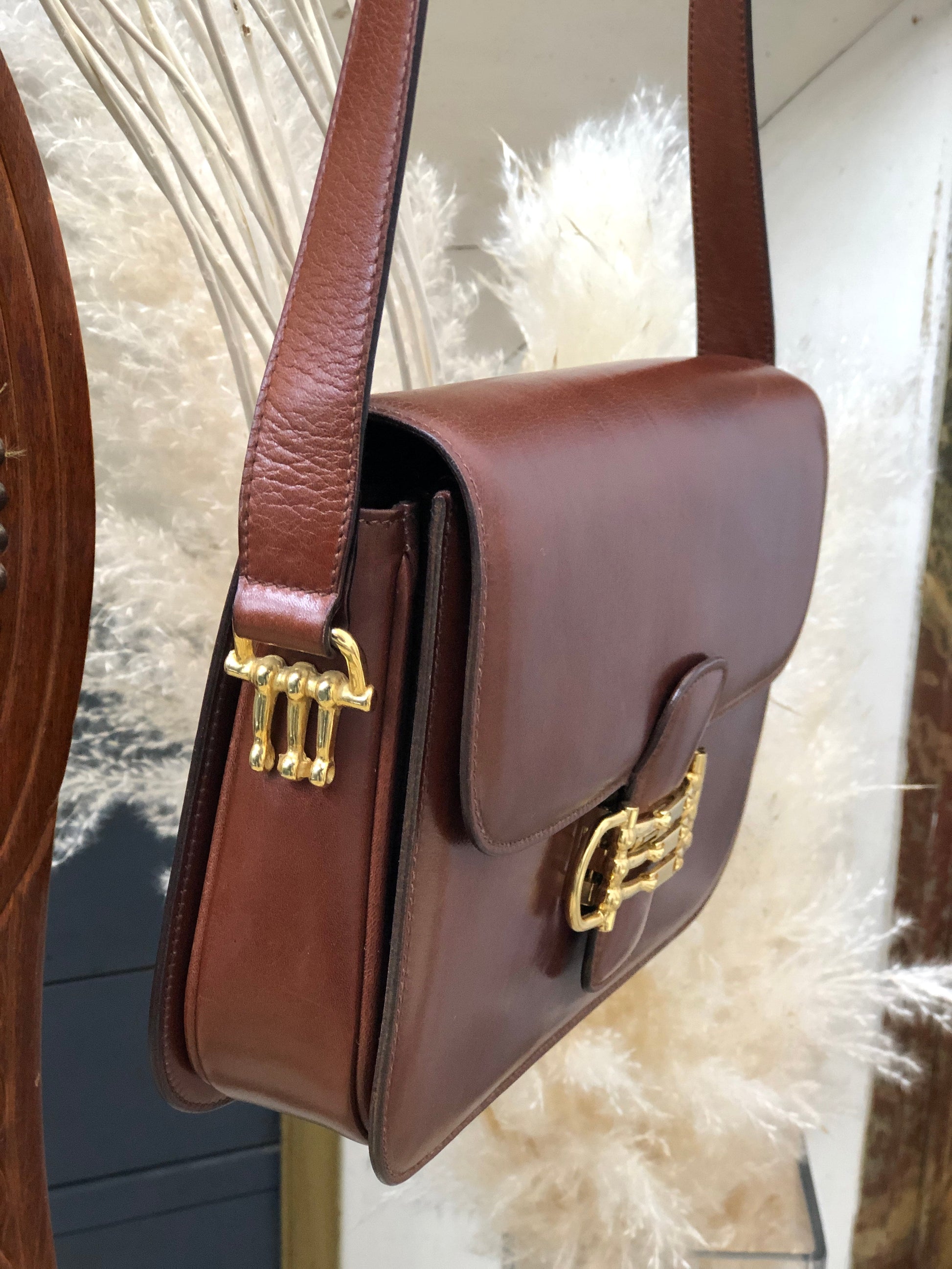 CELINE Three Horsebit Crossbody Shoulder bag Brown Old Celine jjcdny