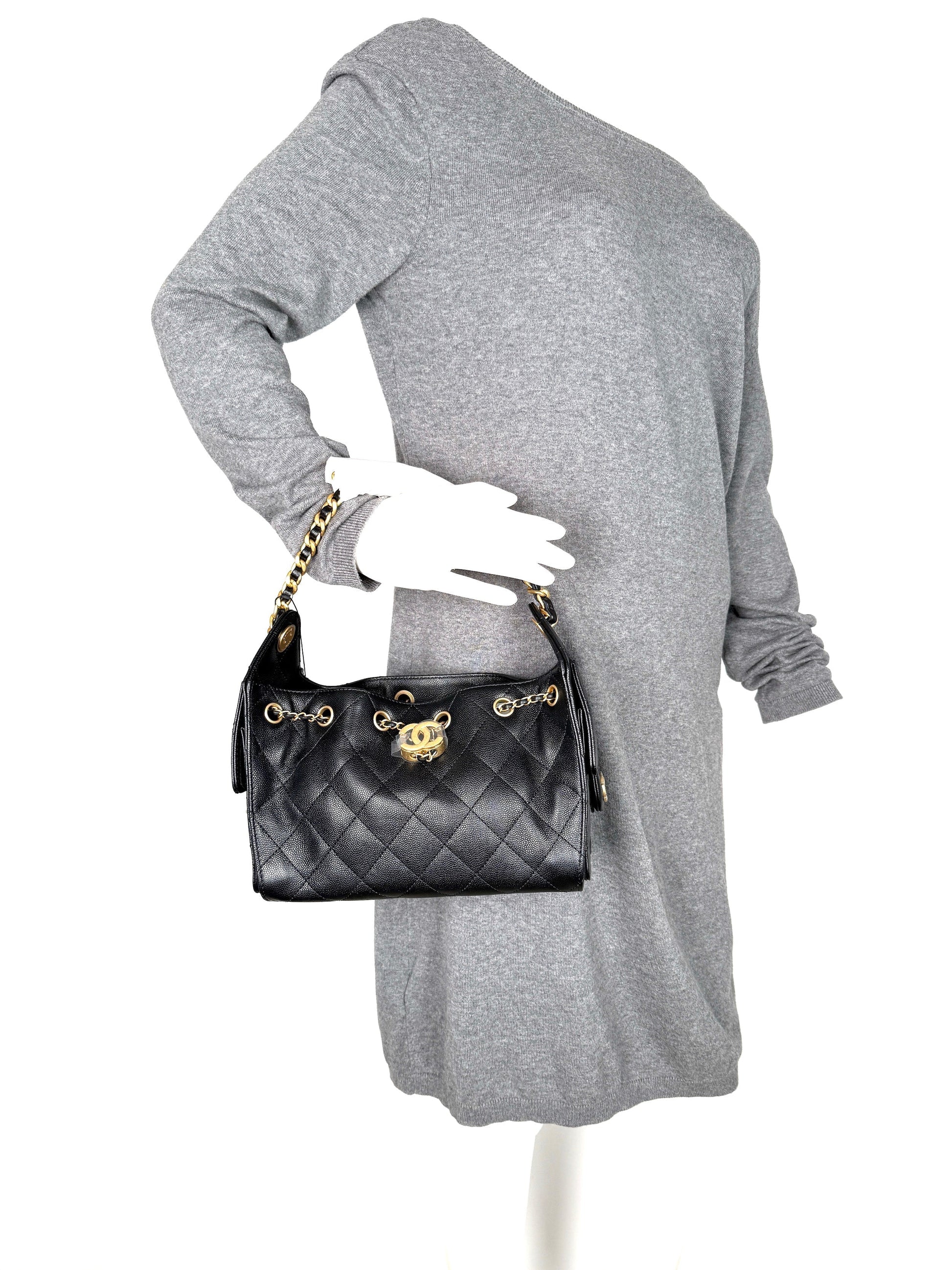 Chanel 25 Mini Black Quilted Caviar Shoulder Bag - Rovelle Bags