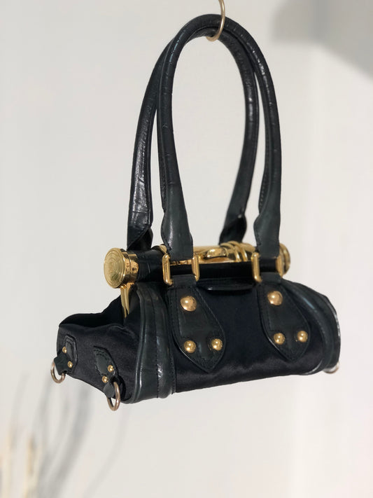 CELINE Triomphe Crocodile embossed Satin Clasp Handbag Black Old CELINE