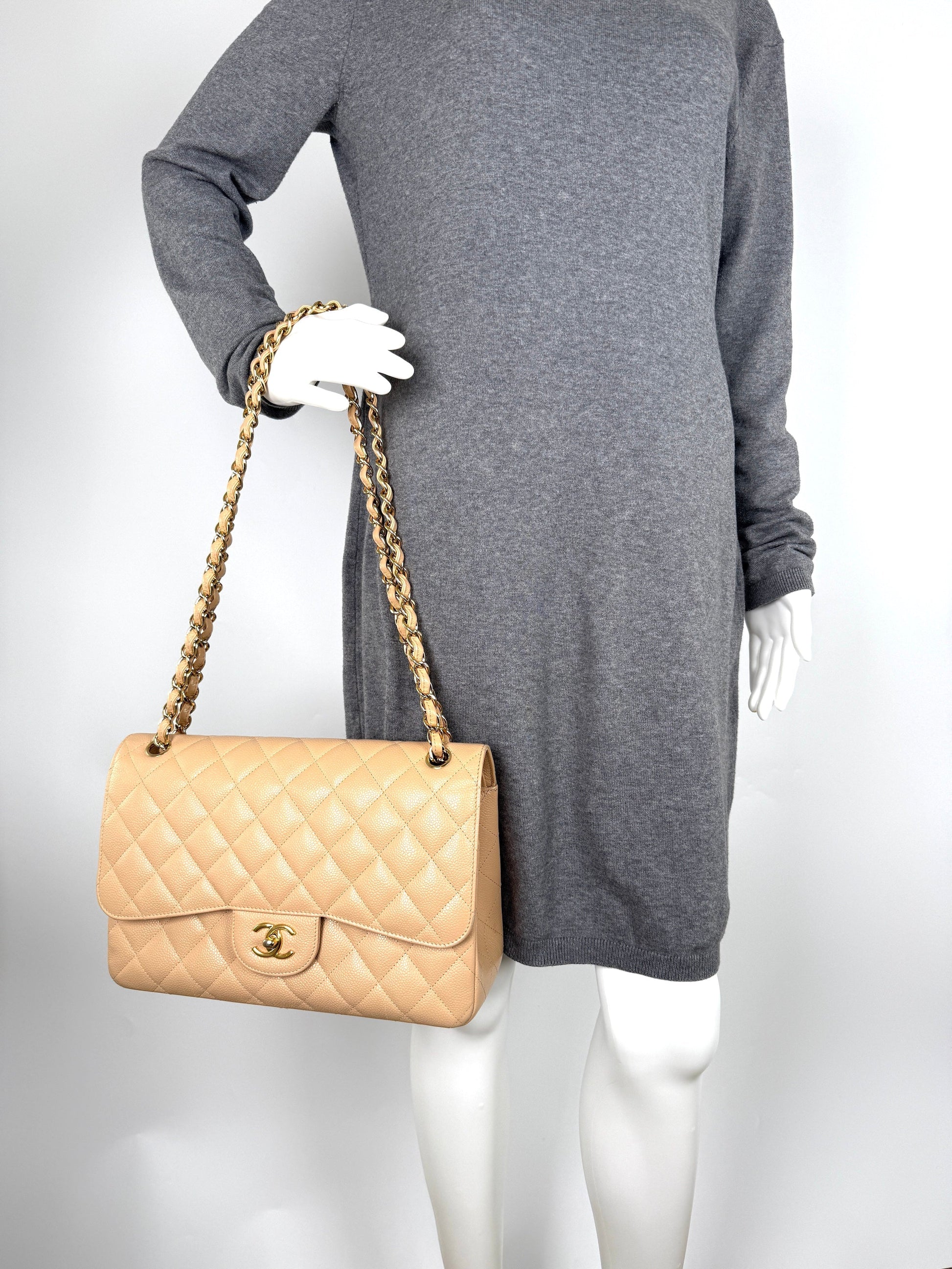 Chanel Light Beige Caviar Jumbo Quilted Flap Bag - Rovelle Bags