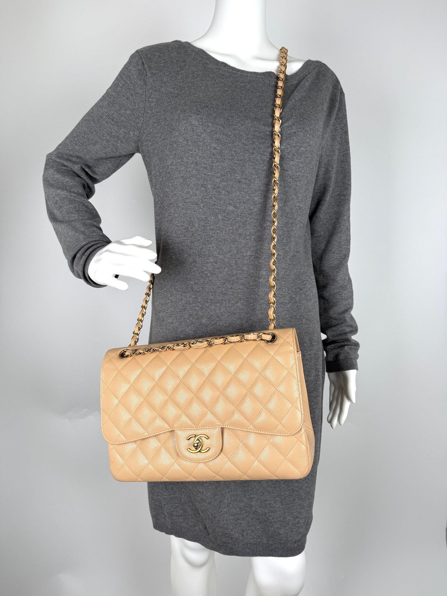 Chanel Light Beige Caviar Jumbo Quilted Flap Bag - Rovelle Bags