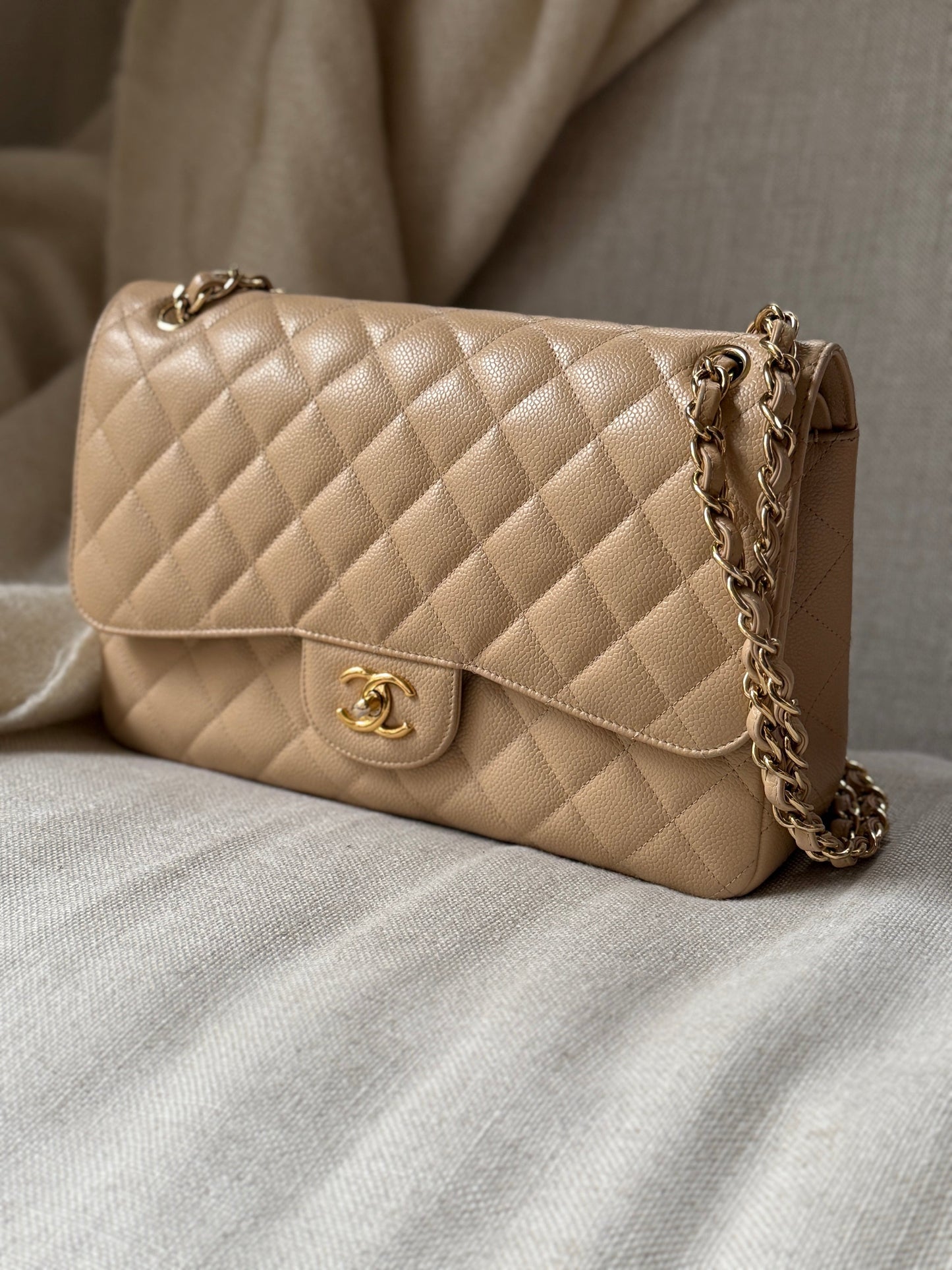 Chanel Light Beige Caviar Jumbo Quilted Flap Bag - Rovelle Bags