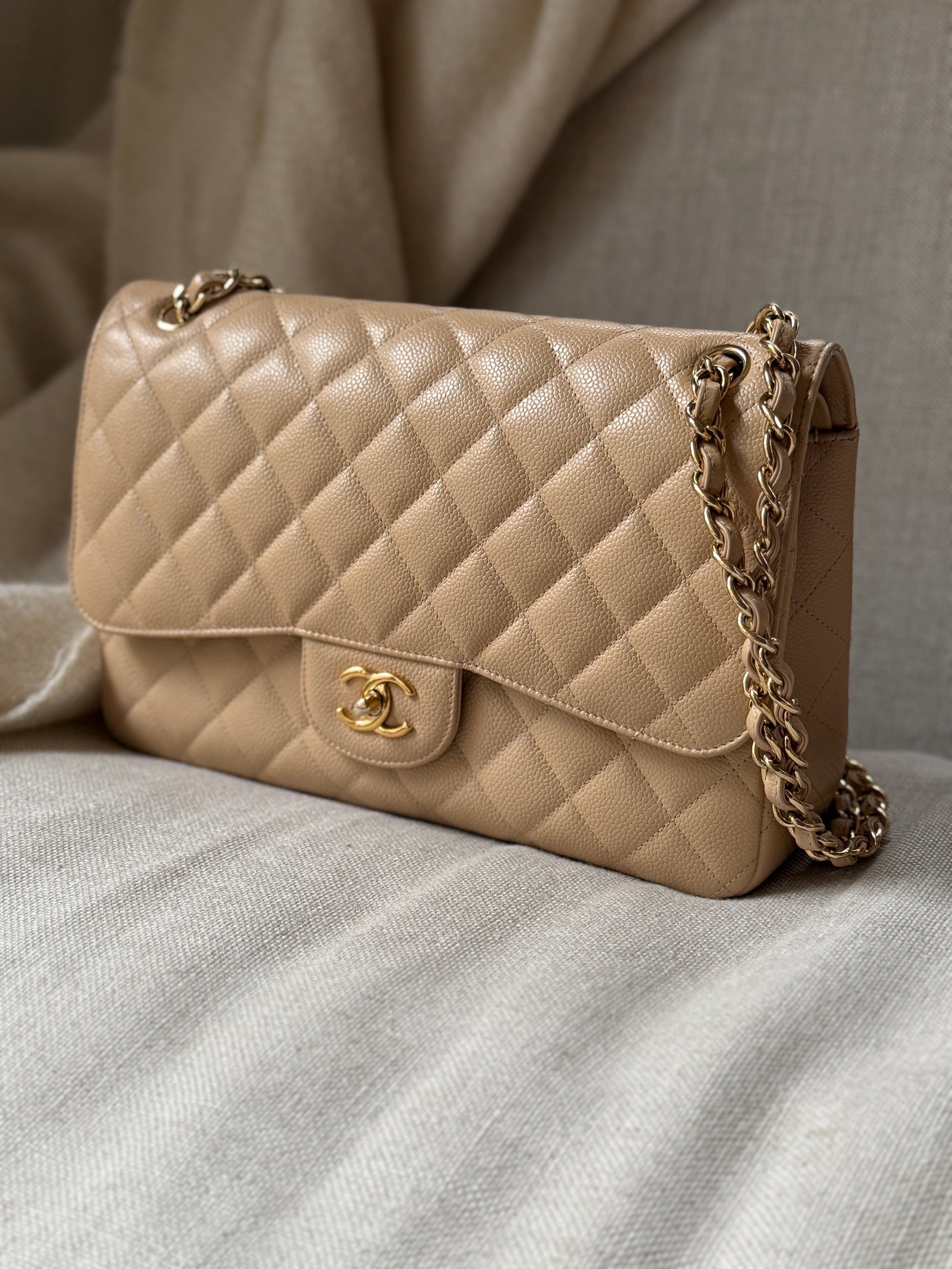 Chanel Light Beige Caviar Jumbo Quilted Flap Bag - Rovelle Bags