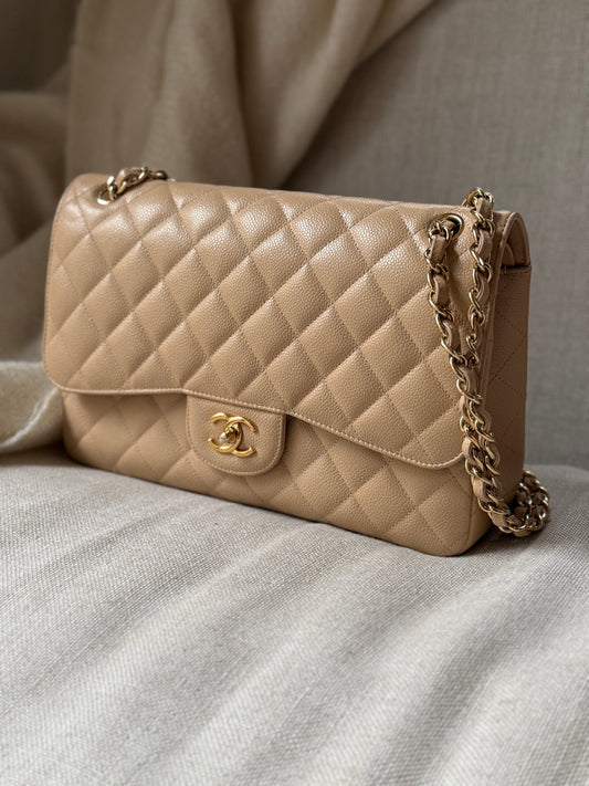 Chanel Light Beige Caviar Jumbo Quilted Flap Bag - Rovelle Bags