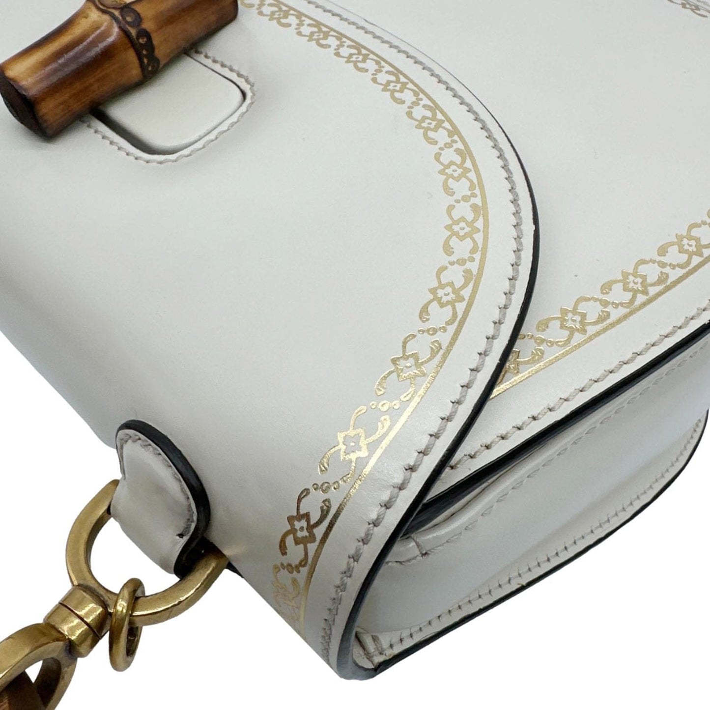 GUCCI Bamboo Web Medium Printed Leather Top Handle Shoulder Bag Off White 495880