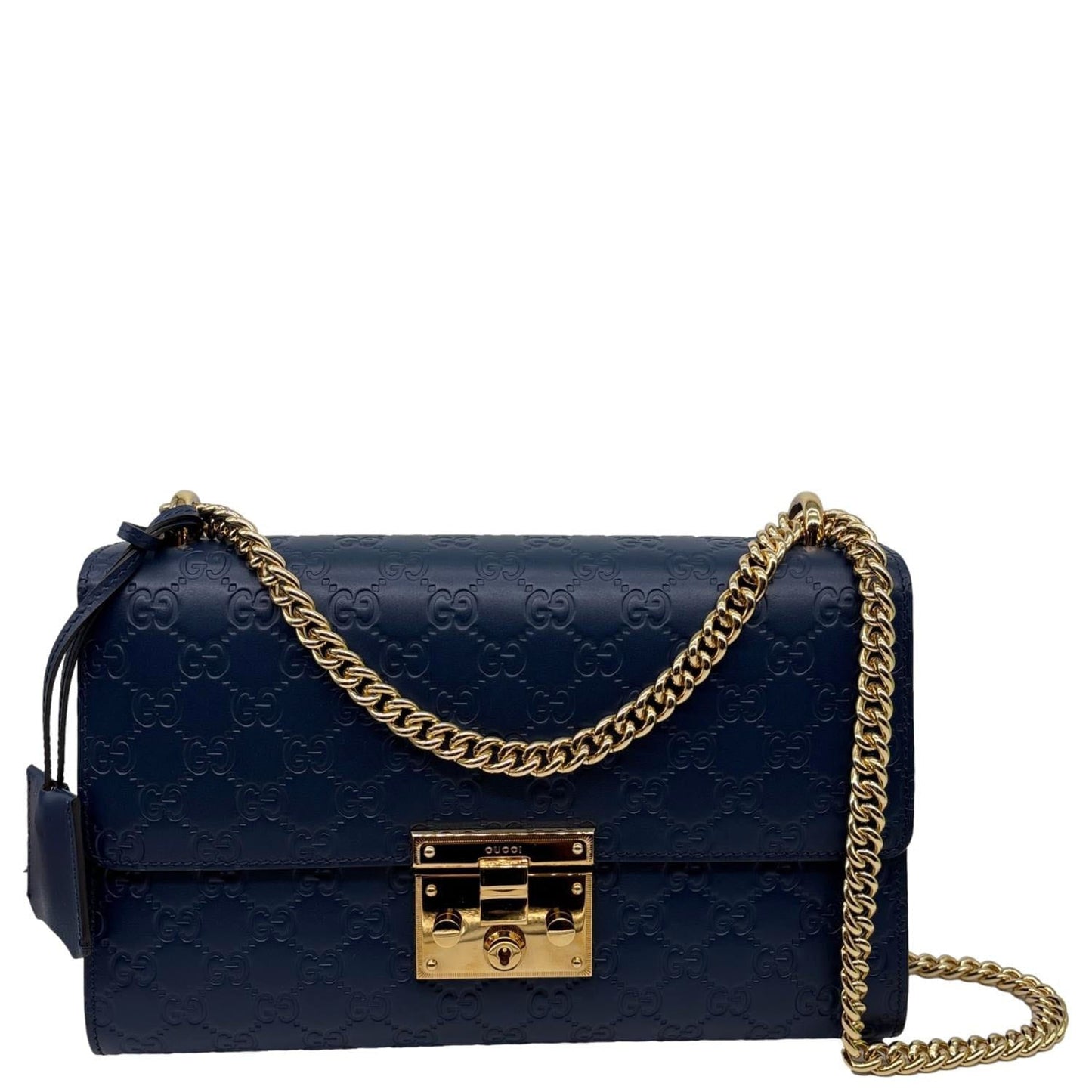GUCCI Padlock Medium GG Leathrer Chain Shoulder Bag Navy Blue 409486