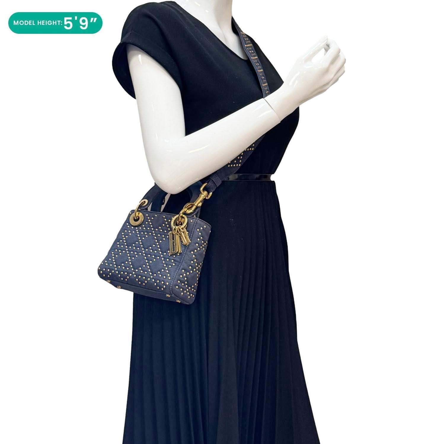 CHRISTIAN DIOR Lady Dior Mini Studded Supple Cannage Denim Crossbody Bag Navy Blue
