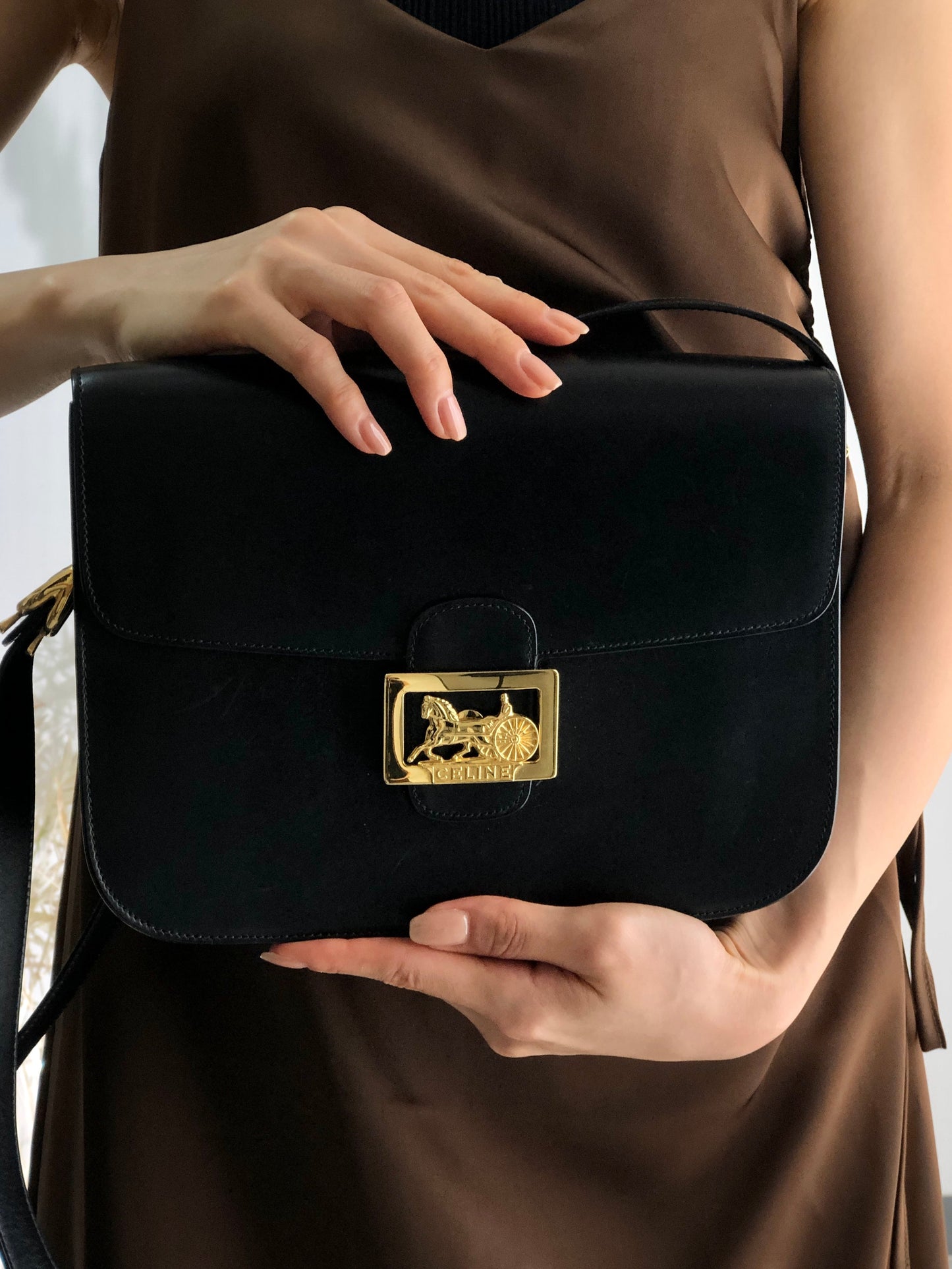 CELINE Horse carriage Leather Crossbody Shoulder bag Black Old celine 4vjaaf