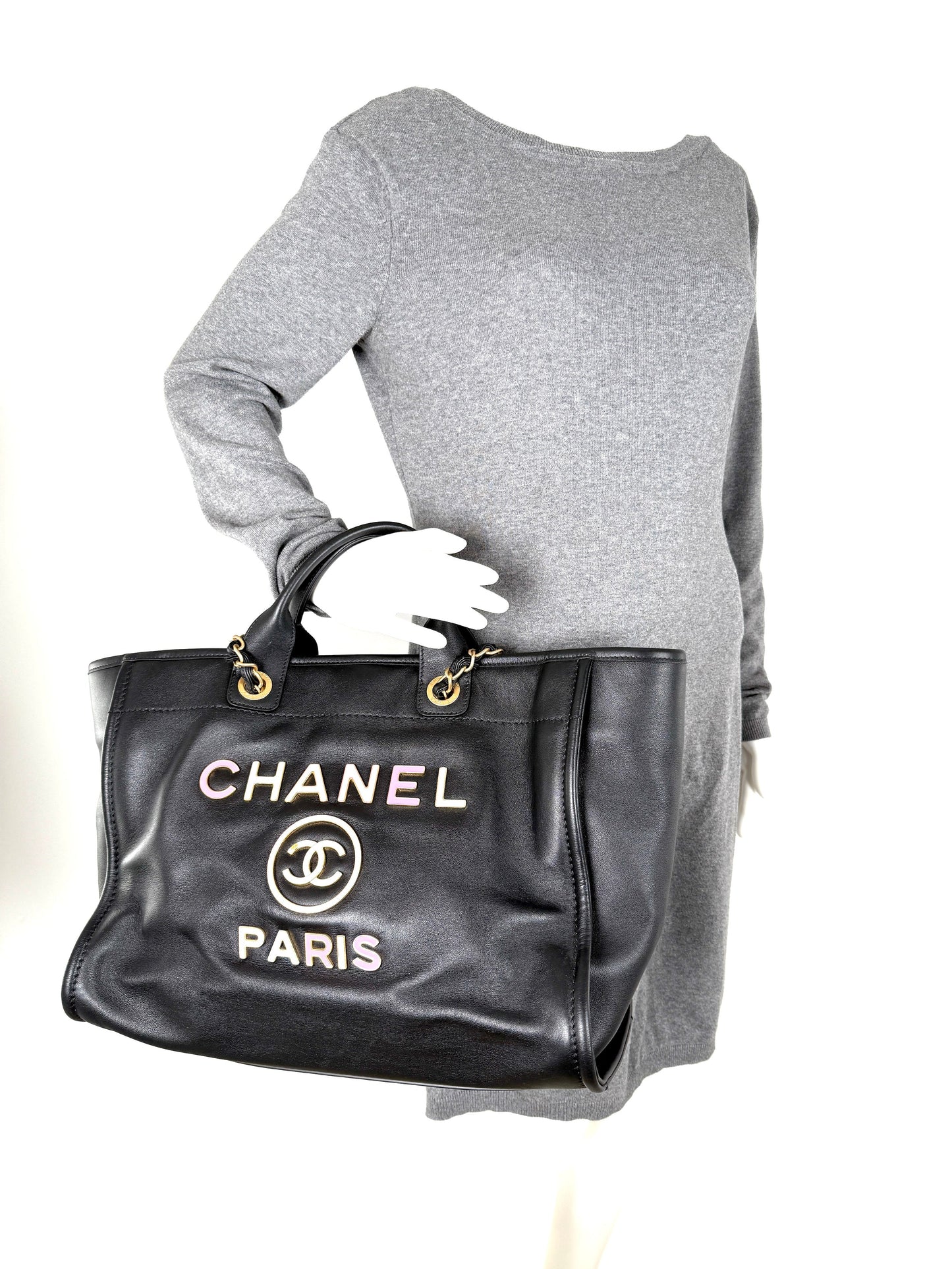 Chanel Deauville Medium Calfskin Black Multicolor Tote Bag - Rovelle Bags
